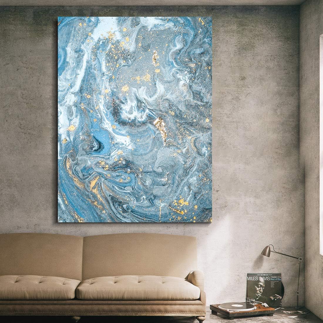 Denzoer Blue Grey Texture and Gold Abstract Wall Art Modern Canvas Prints with Solid Wood Frame Wall Pictures for Home Decoration, Ready to Hang - 36x46 inches