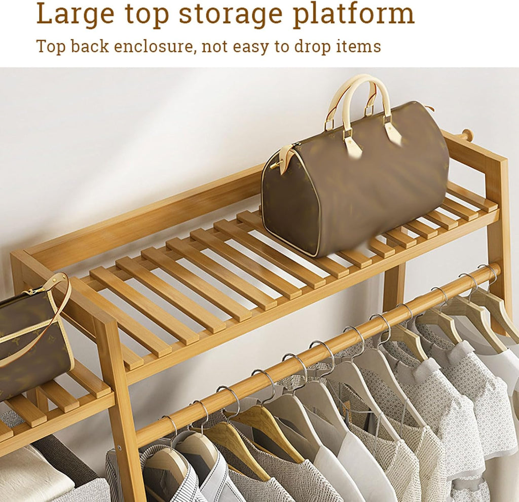 Free Standing Clothing Hanging Stand Bamboo Garment Rack with Storage Shelf, Hanging Rail and Side Hooks, Open Wardrobe Closet Tidy Rail for Clothes Hats Bags