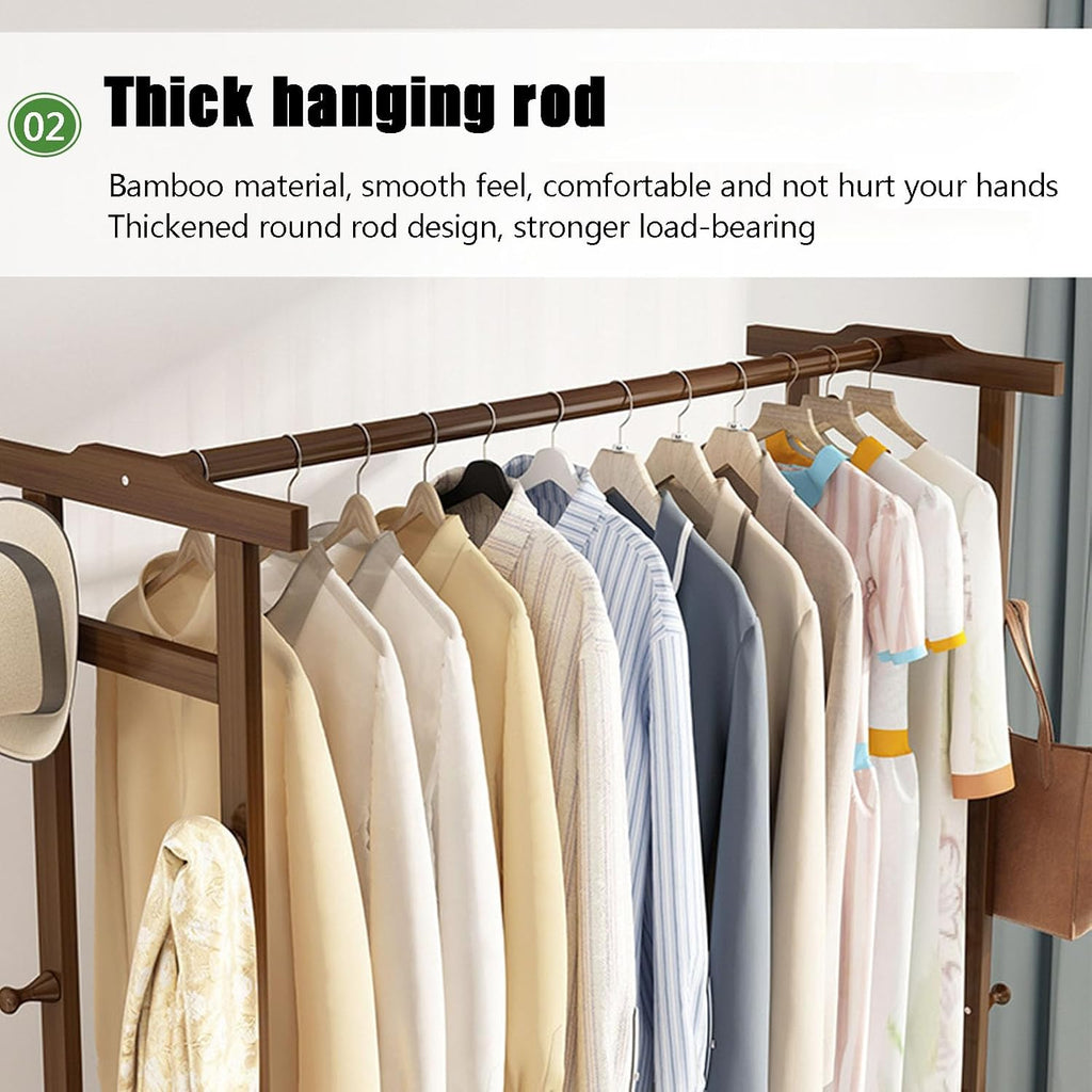 Bamboo Garment Rack, Clothes Hanging Rack with Side Hooks and 3 spacious drawers Portable Storage Organizer Garment Rack for Bedroom Living Room Office Mudroom