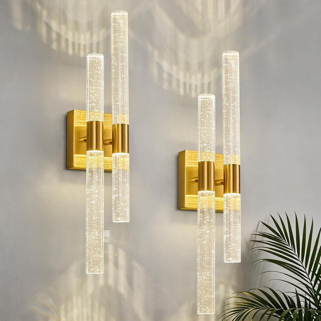 Crystal Wall Sconces Set of Two LED Bathroom Vanity Light Fixtures Gold 21.25in 4000K Vertical and Horizontal Wall Mounted Sconces for Bedroom, Living Room, Hallway