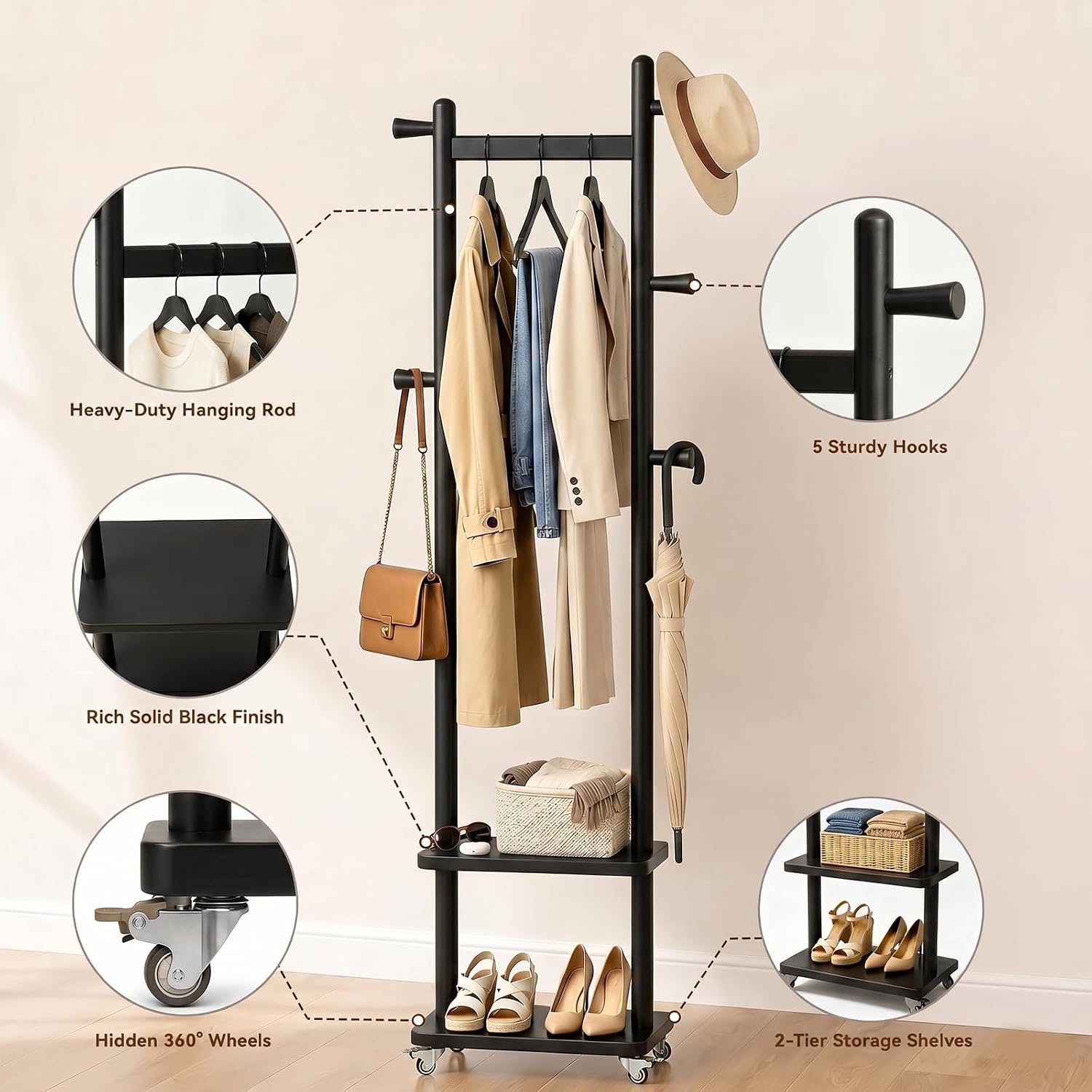 Solid Wood Coat Rack Freestanding Clothing Rack with Wheels & 2 Shelves Storage & 5 Hooks Heavy Duty Clothes Rack Wood Coat Tree Stand Hat Hanger Rack for Corner Bedroom Entryway Living Room Hotel