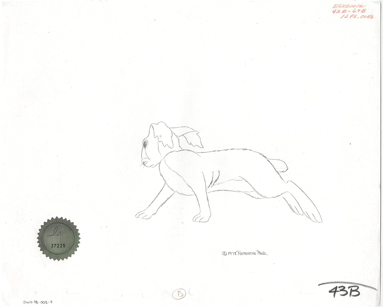 Watership Down 1978 Blackavar Production Animation Cel Drawing with Linda Jones Enterprise Certificate of Authenticity 003-9