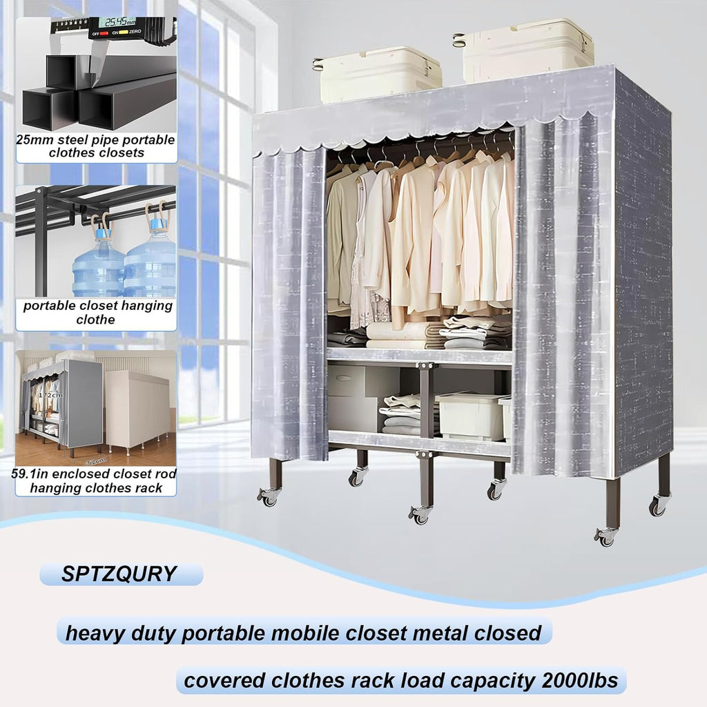 Heavy Duty Rolling Covered Metal Garment Rack with Lockable Wheels and Door, Load 2000lbs, Portable Closets for Hanging Clothes, Large Capacity 360°Enclosed Clothing Racks (A, 33.5in/85cm)