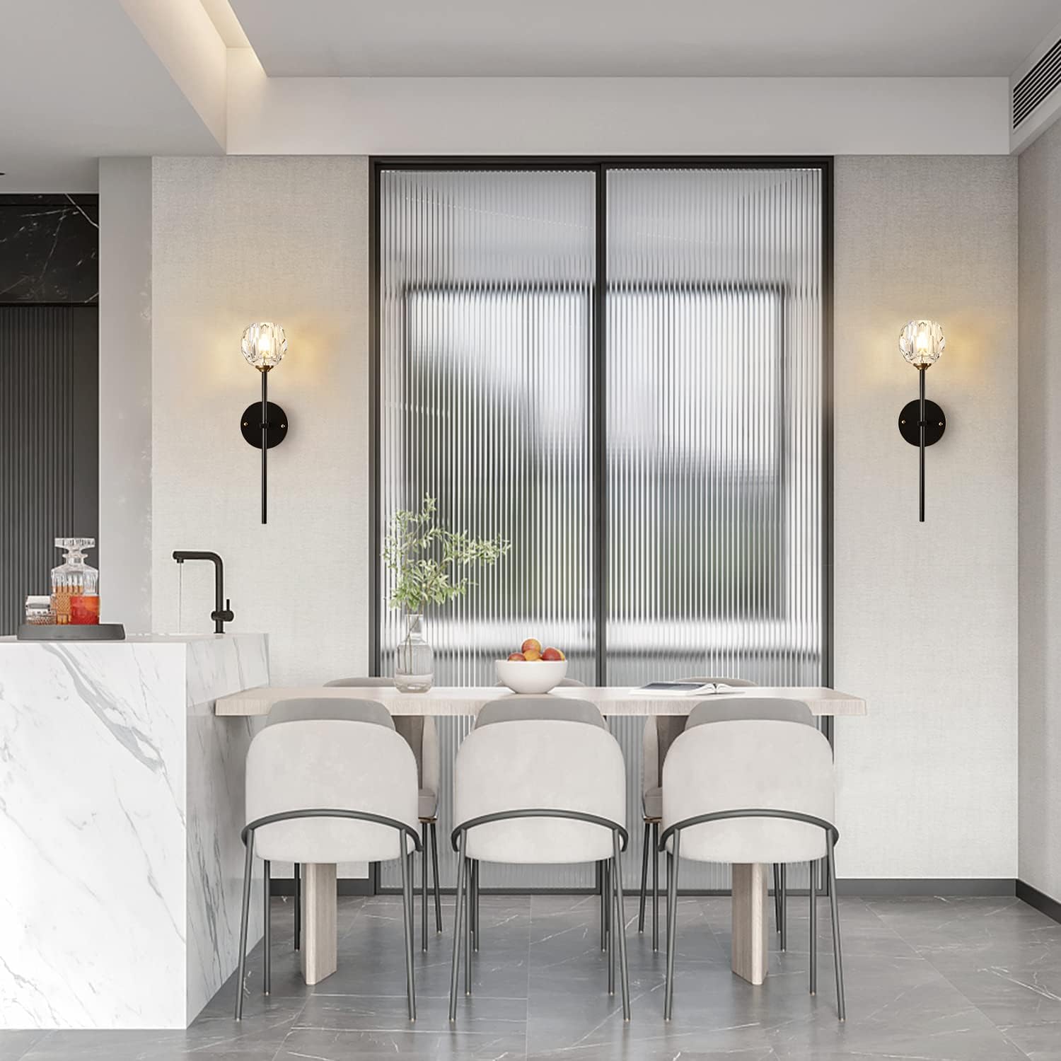 BOKT Mid Century Matte Black Crystal Wall Sconce Lighting Set of 2 Modern Long Metal Wall Light Set of Two 1-Light Clear Glass Wall Lamp Retro Industrial Crystal Bathroom Vanity Light Fixture