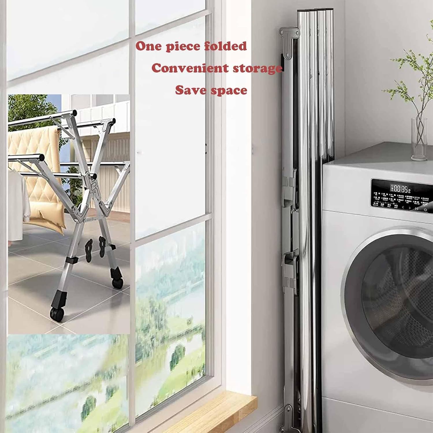 5Poles Folding Clothes Drying Rack,Stainless Steel Laundry Rack with Wheels, Blanket Rack,Clothe Sline, Extendable,with Windproof Hooks,for Indoor Outdoor