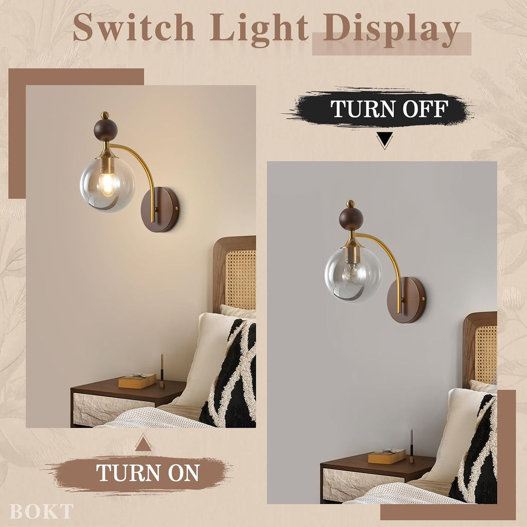 BOKT Modern Glass Globe Wall Sconce with 5.9' Smoke Grey Round Lampshade Small Wall Sconces Set of Two Farmhouse Wall Mounted Sconce Light Vintage Wooden Wall Lights for Bedroom Bathroom