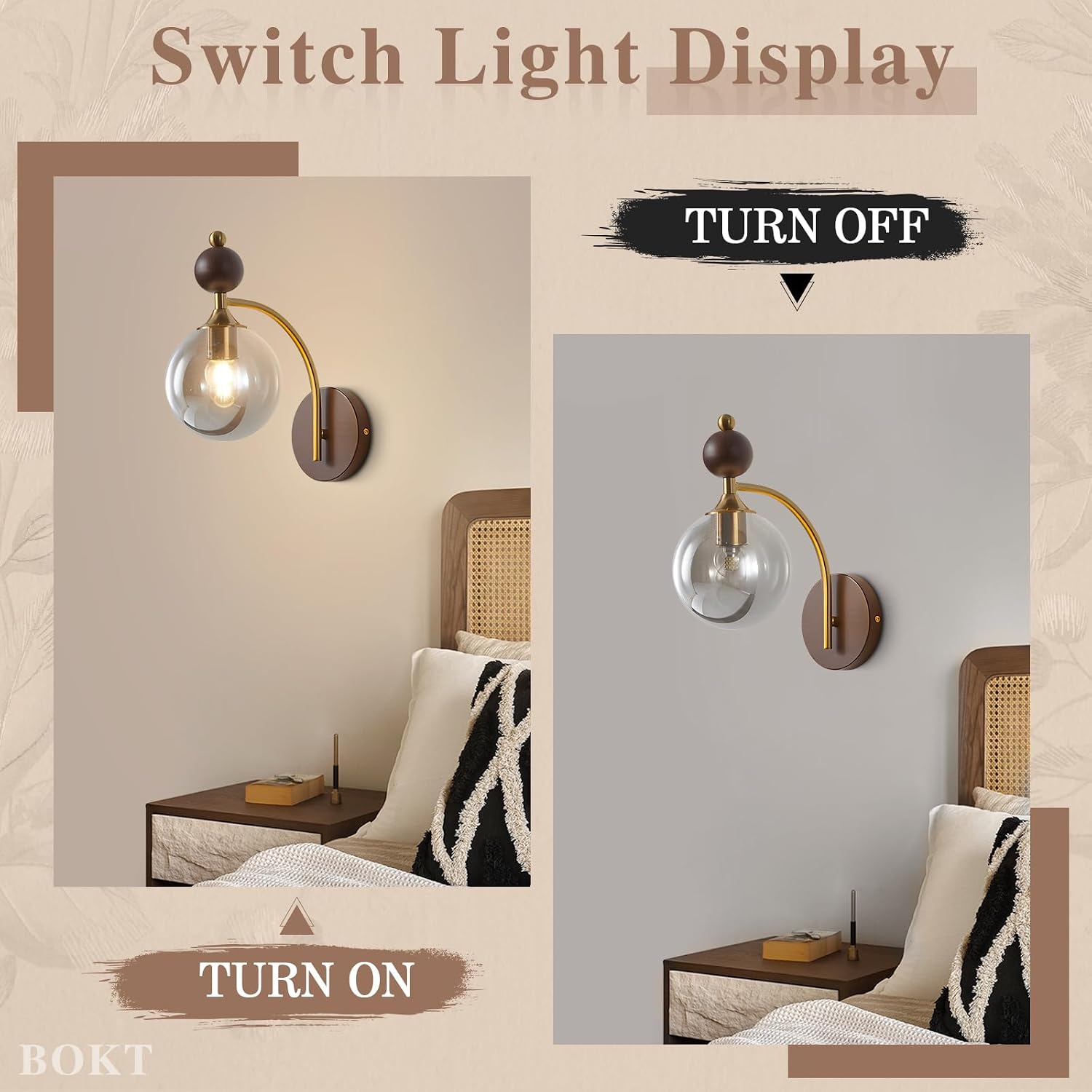 BOKT Modern Glass Globe Wall Sconce with 5.9' Smoke Grey Round Lampshade Small Wall Sconces Set of Two Farmhouse Wall Mounted Sconce Light Vintage Wooden Wall Lights for Bedroom Bathroom