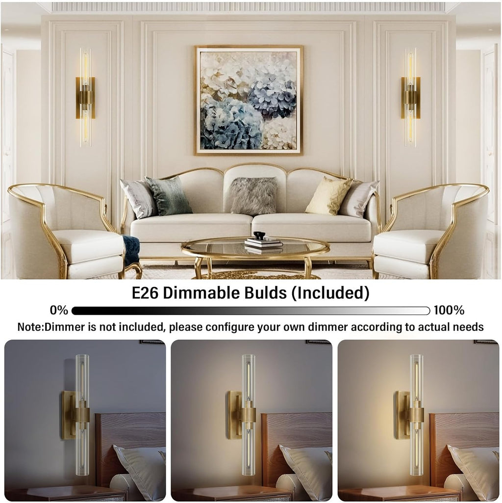 Wall Sconces Set of 2, Gold Wall Lighting Fixtures with Clear Glass, Mounted Lamps for Bedroom, Bathroom, Living Room, Hallway