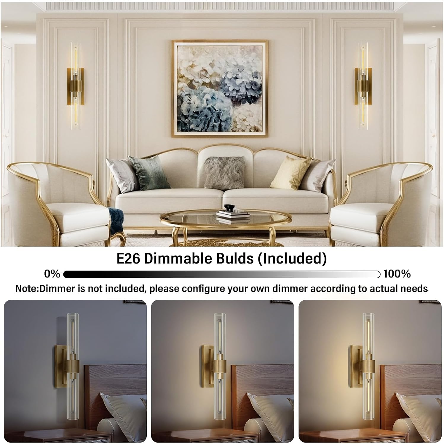 Wall Sconces Set of 2, Gold Wall Lighting Fixtures with Clear Glass, Mounted Lamps for Bedroom, Bathroom, Living Room, Hallway