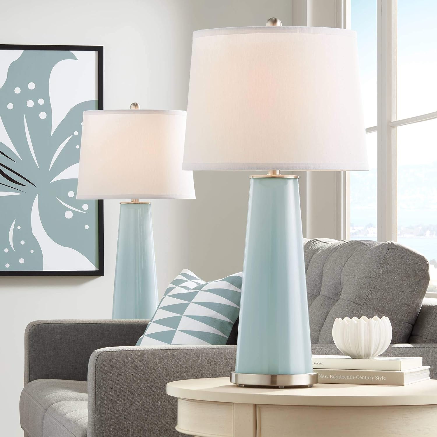 Color + Plus Leo Modern Table Lamps 29 1/2' Tall Set of 2 Aqua Sphere Blue Glass Tapered Column Plain White Drum Shade Decor for Bedroom Living Room House Bedside Nightstand Office Family