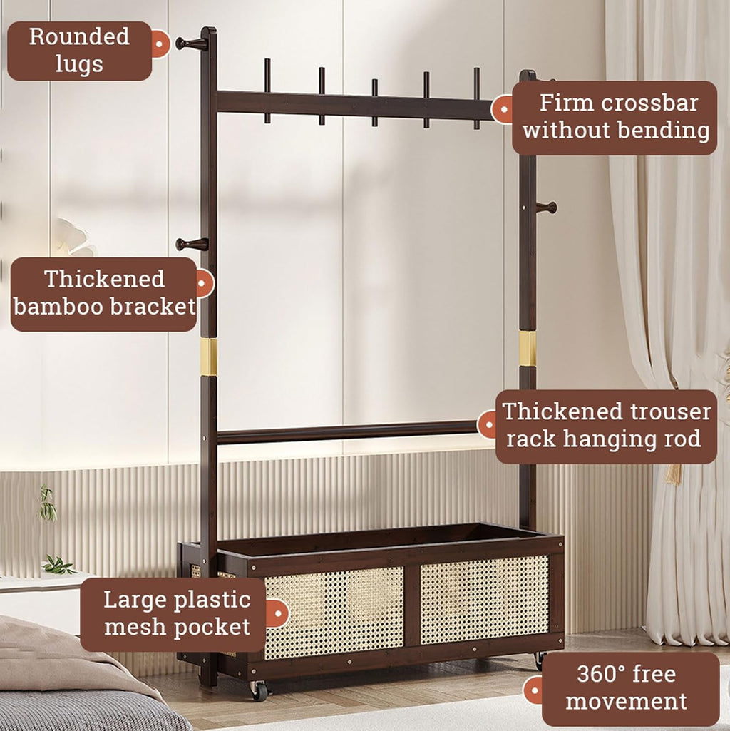 Free Standing Coat Stand with Hanging Rod, Bamboo Clothes Rail Stand with Large Capacity Rattan Storage Basket, Mobile Garment Rack with Wheels, for Bedroom Hallway