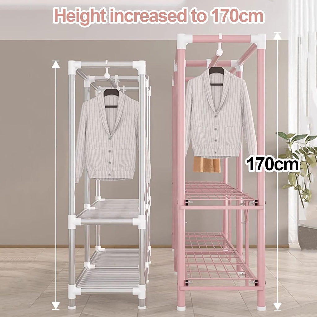Heavy Duty Portable Wardrobe Closet With Cover, Freestanding Coat Storage Garment Racks For Hanging Clothes, Foldable Covered Clothes Rack For Bedroom(Pink2,200x170x45cm)