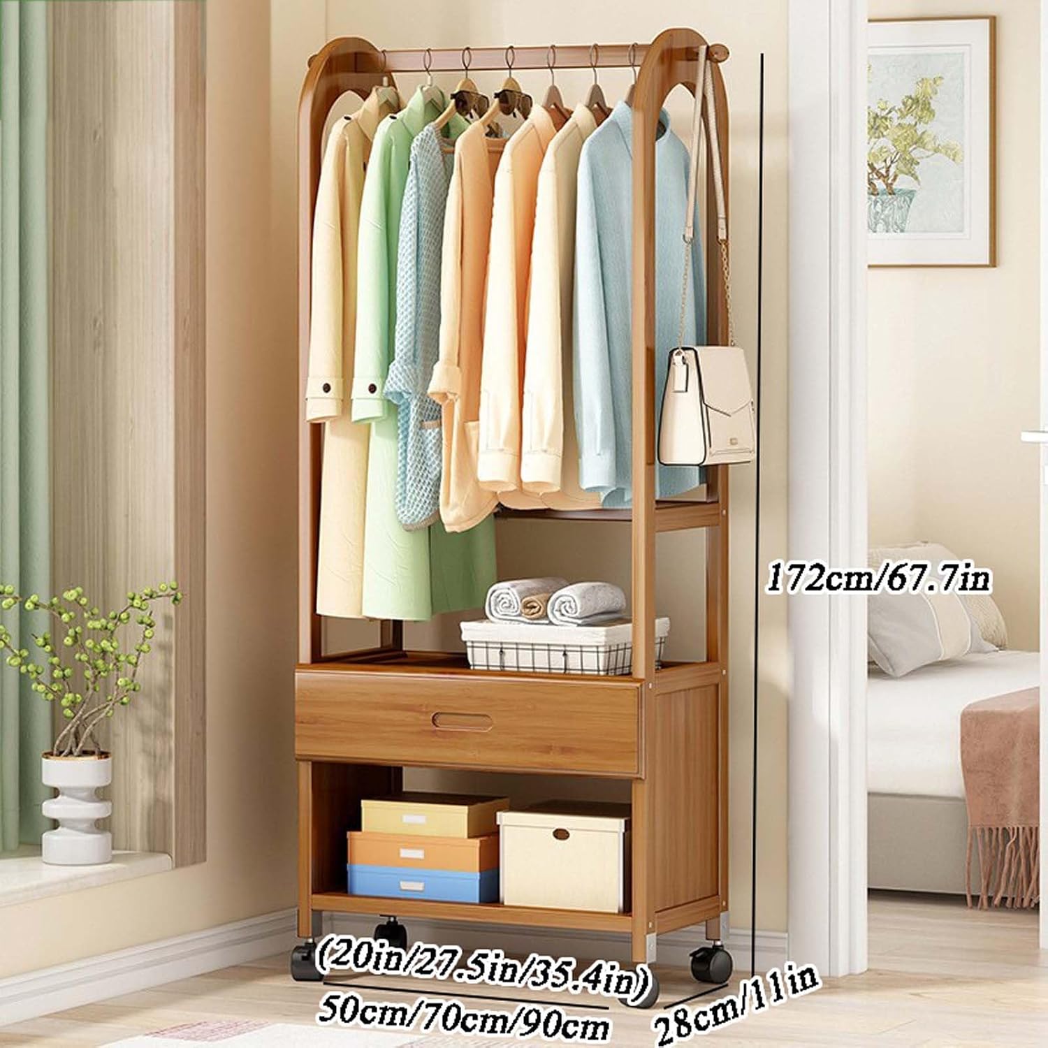 YSUEFIJO Strong Garment Racks with Wheels, Heavy Duty Rolling Clothes-Rack, Garment Rack for Hanging Clothes, Space Saving Clothing Rack, Minimalism Wardrobe Closet Organizer for Indoor