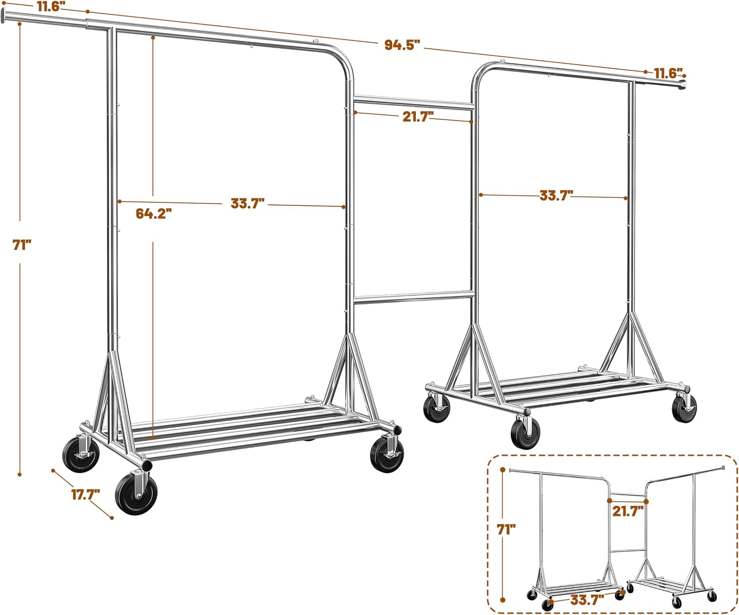 Raybee Heavy-Duty Clothes Rack, 117' W Rolling Rack with Wheels, 600 LBS Load Capacity, Holds 240+ Clothes, Portable, Adjustable, Commercial Garment Rack