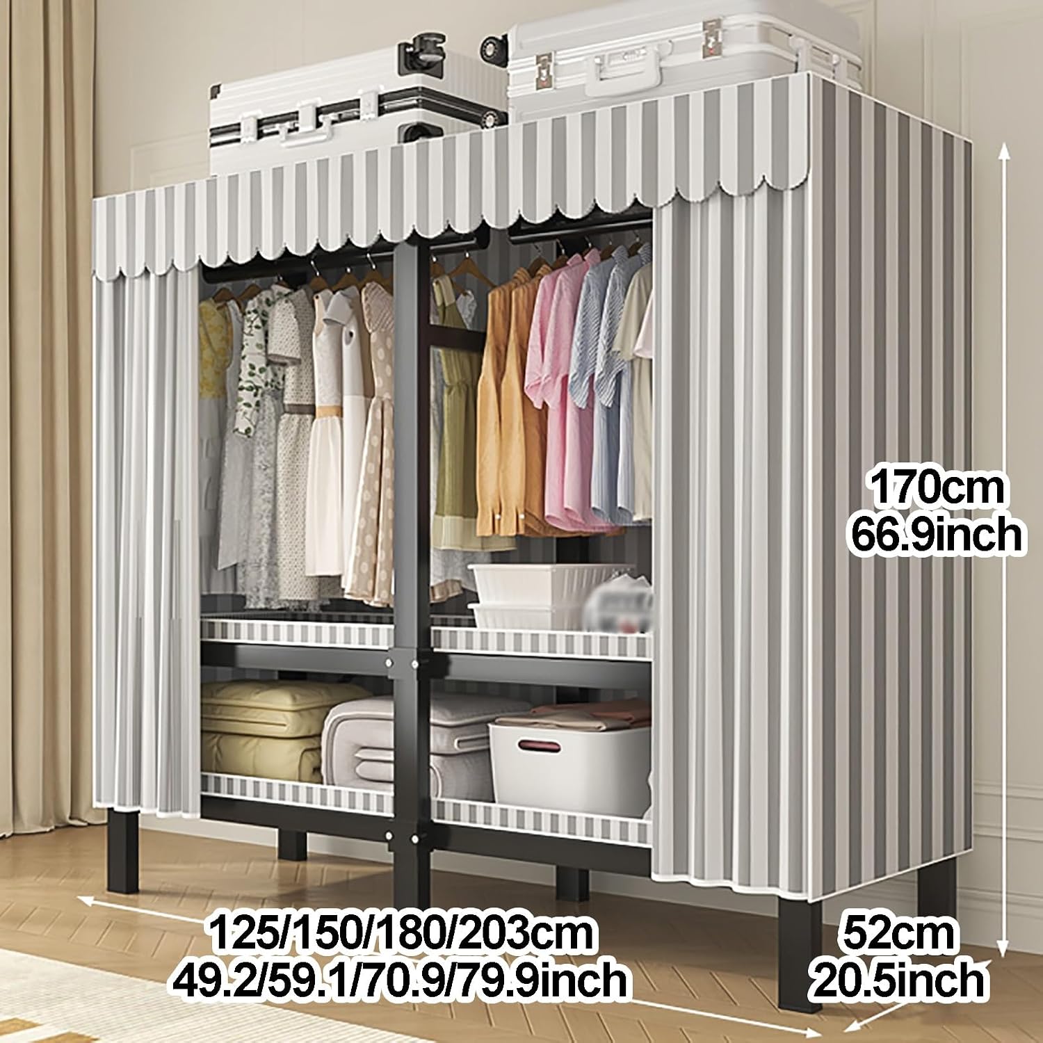 Foldable Wardrobe Closet with Cover, Garment Rack for Hanging Clothes, Portable Metal Clothing Rack with 4 Hanging Rods, Steel Tube Clothes Storage Organizer(Yellow3,125cm/49.2inch)