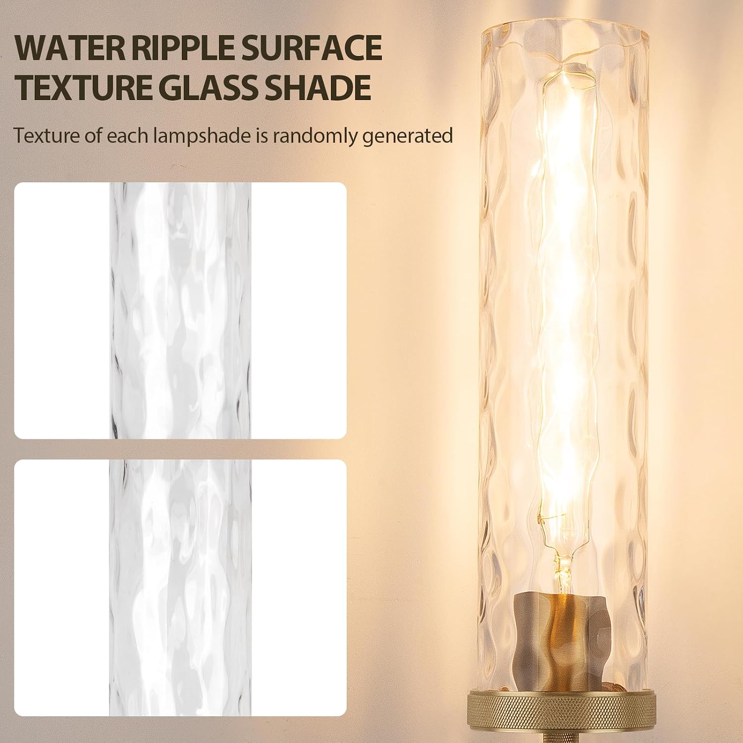 15' Knurled Brass Wall Sconces Set of 2, Gold Bathroom Vanity Light Fixtures with Water Ripples Glass Tube, Modern Lamp Lighting for Bedroom, Living Room, Hallway, Staircase, Mirror, Kitchen
