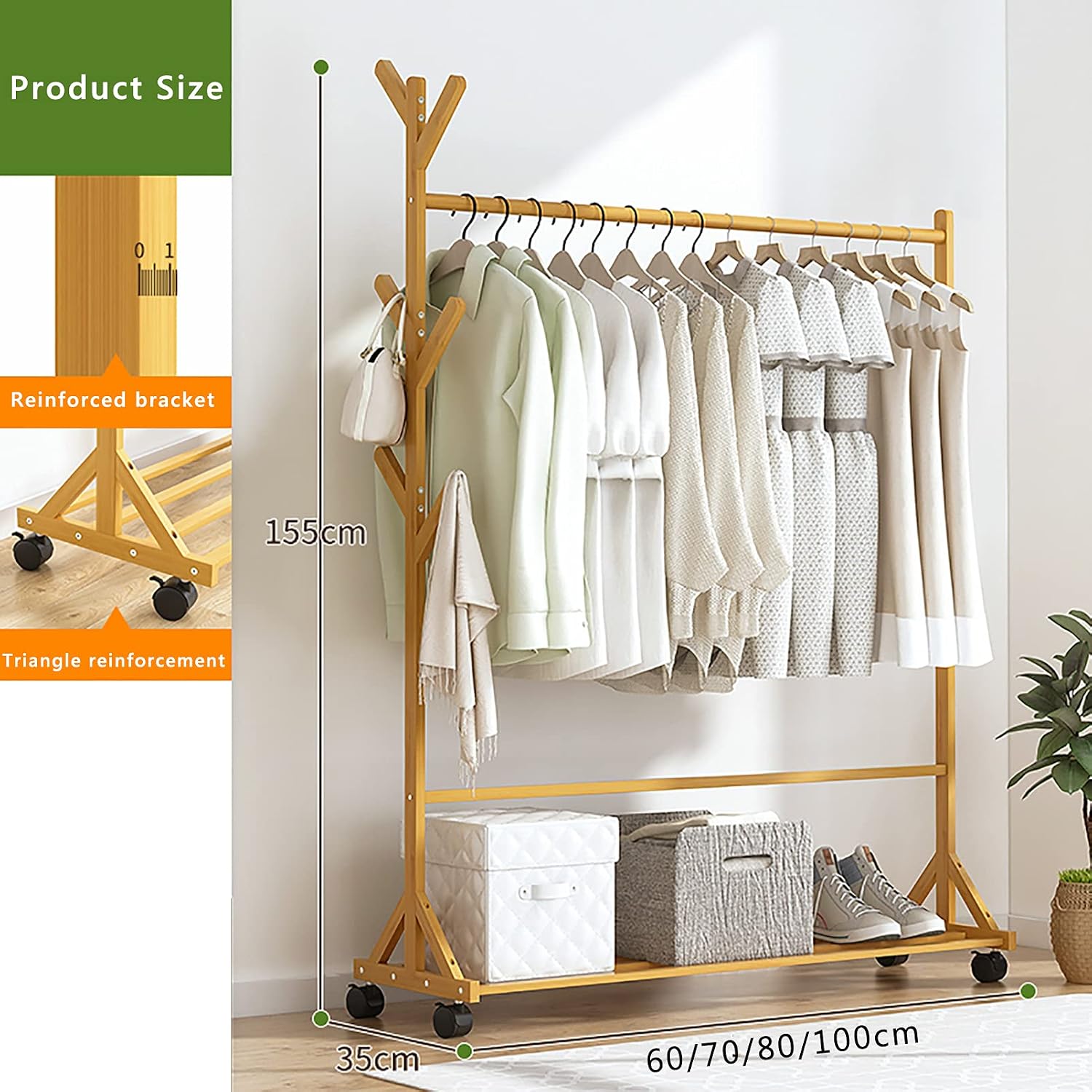 Clothes Rack,Bamboo Garment Coat Clothes Hanging,Freestanding Hanger 6 Side Hooks,with Wheels,for Home Bedroom Entryway
