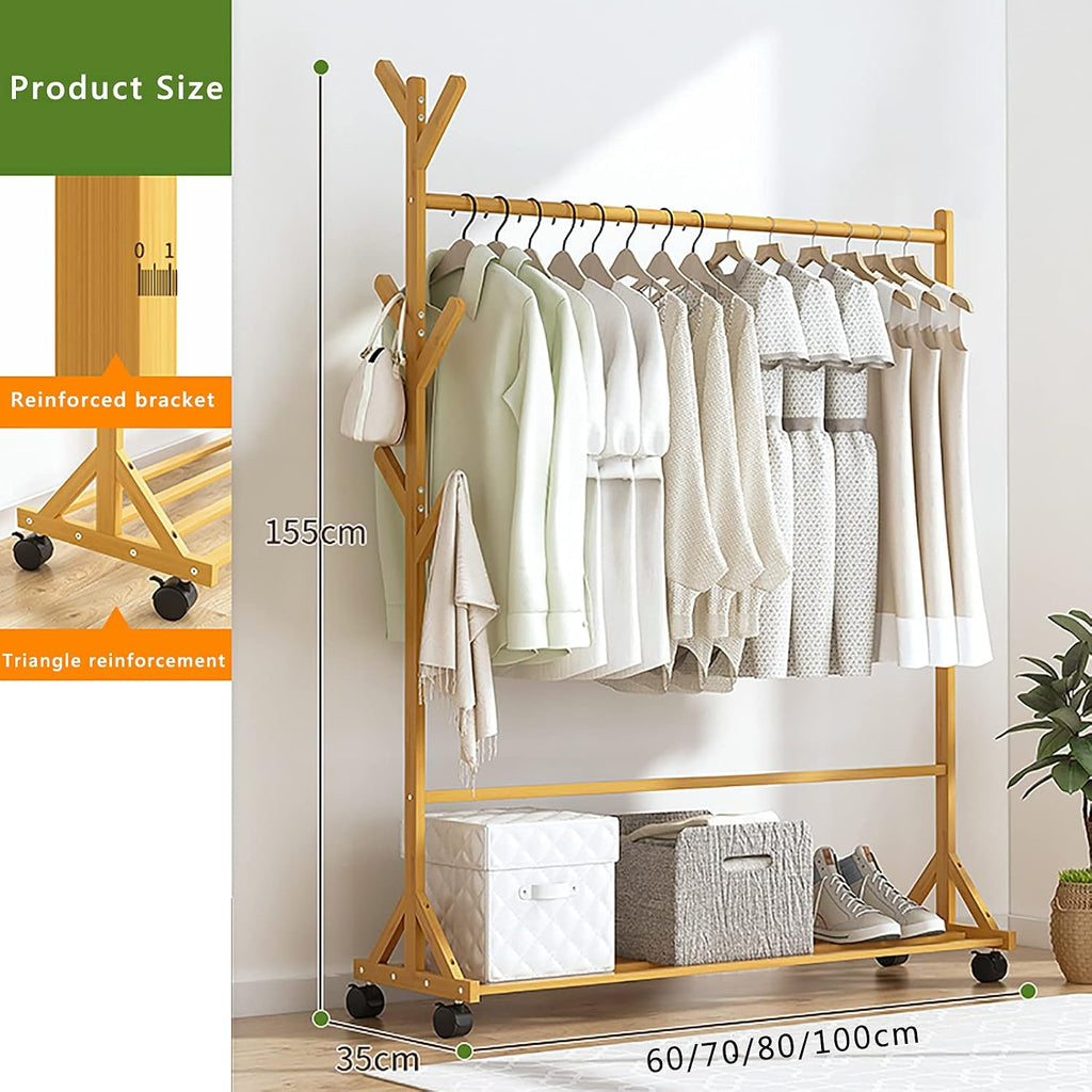 Clothes Rack,Bamboo Garment Coat Clothes Hanging,Freestanding Hanger 6 Side Hooks,with Wheels,for Home Bedroom Entryway