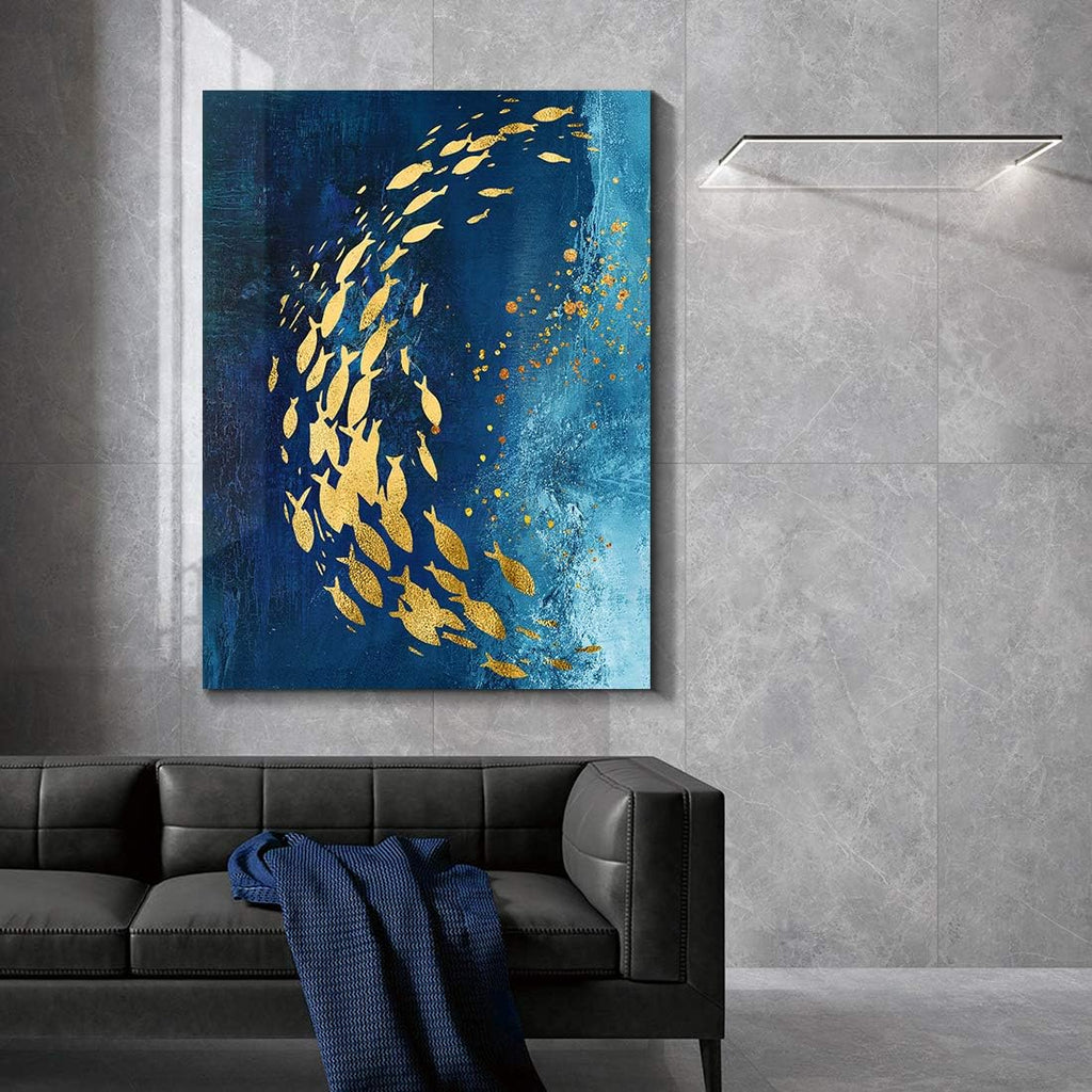 Denzoer Blue Ocean and shoal of Fish Abstract Wall Art Modern Canvas Prints with Solid Wood Frame Wall Pictures for Home Decoration, Ready to Hang - 36x46 inches