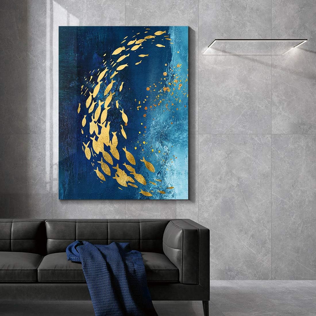 Denzoer Blue Ocean and shoal of Fish Abstract Wall Art Modern Canvas Prints with Solid Wood Frame Wall Pictures for Home Decoration, Ready to Hang - 36x46 inches