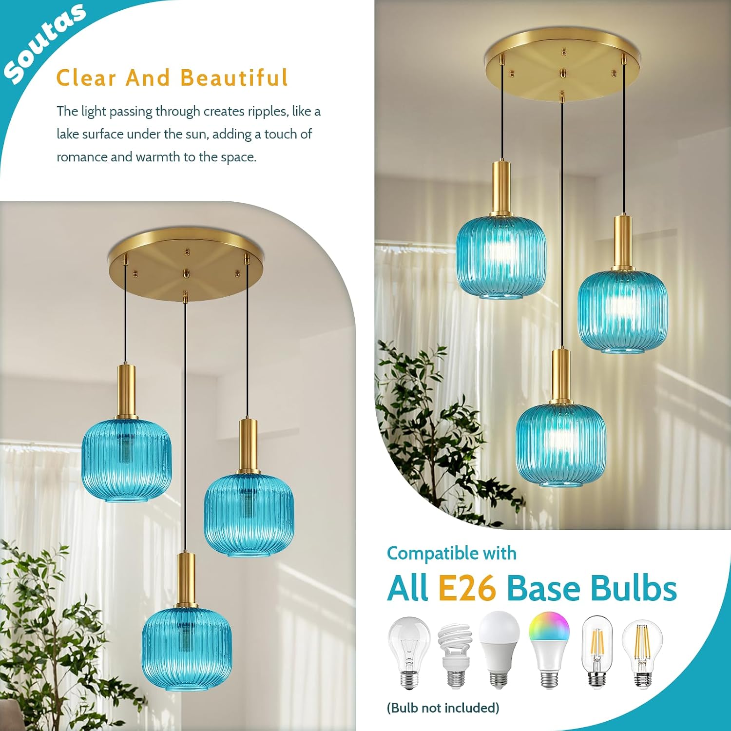 Blue Chandelier Lighting Modern Mid Century Ceiling Fixtures Lights 7.9' Glass Shade Globe Sputnik Hanging Light for Kitchen Island Dining Room, Foyer Lighting