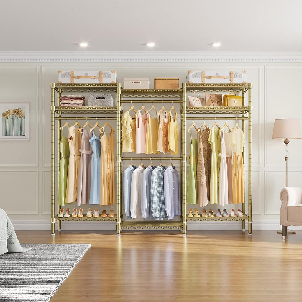 VIPEK V5i Garment Rack Heavy Duty Clothes Rack, Portable Closet Wardrobe Bedroom Armoires Freestanding Clothing Rack with 8 Adjustable Shelves & 4 Hang Rods, 68.9' L x 15.7' W x 76.4' H, Gold