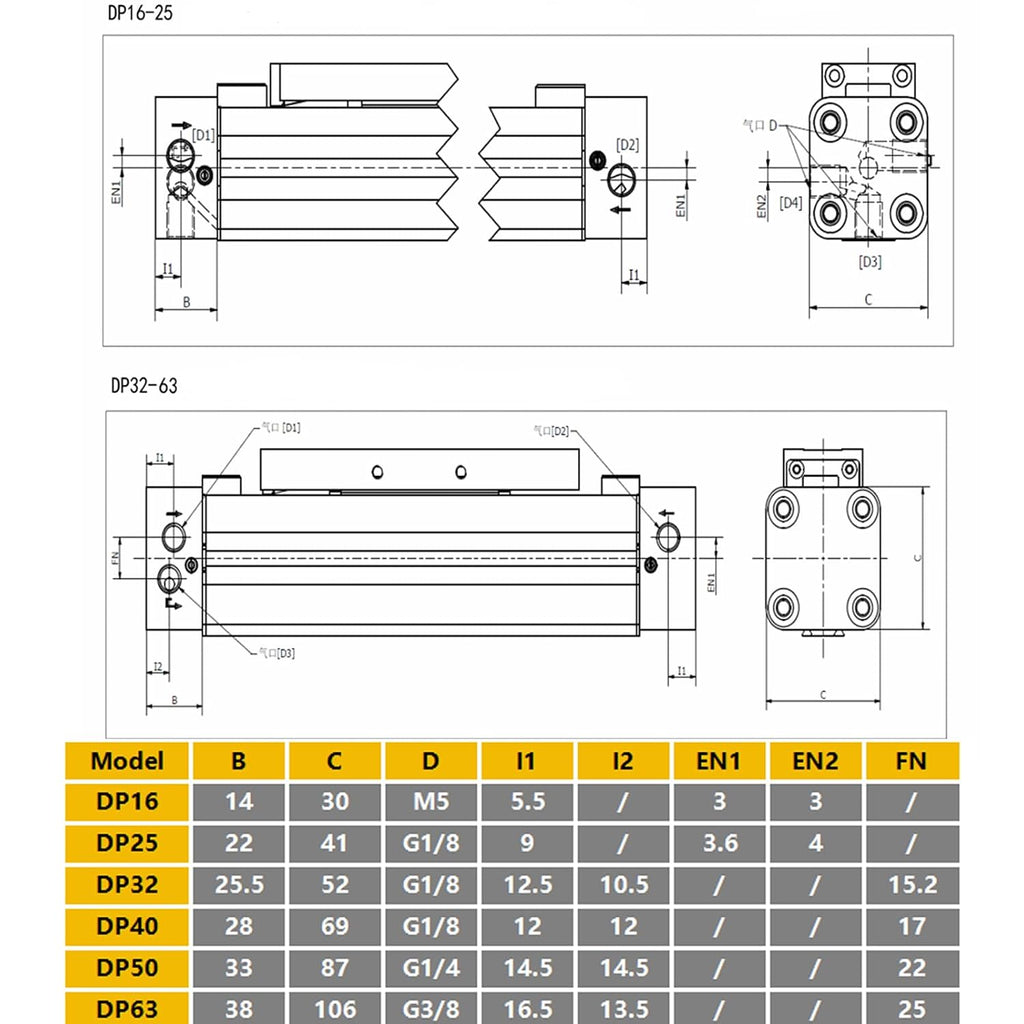 Pneumatic Rodless Cylinder 32mm Bore 100mm Stroke Mechanical Double Acting Air Cylinder 8bar