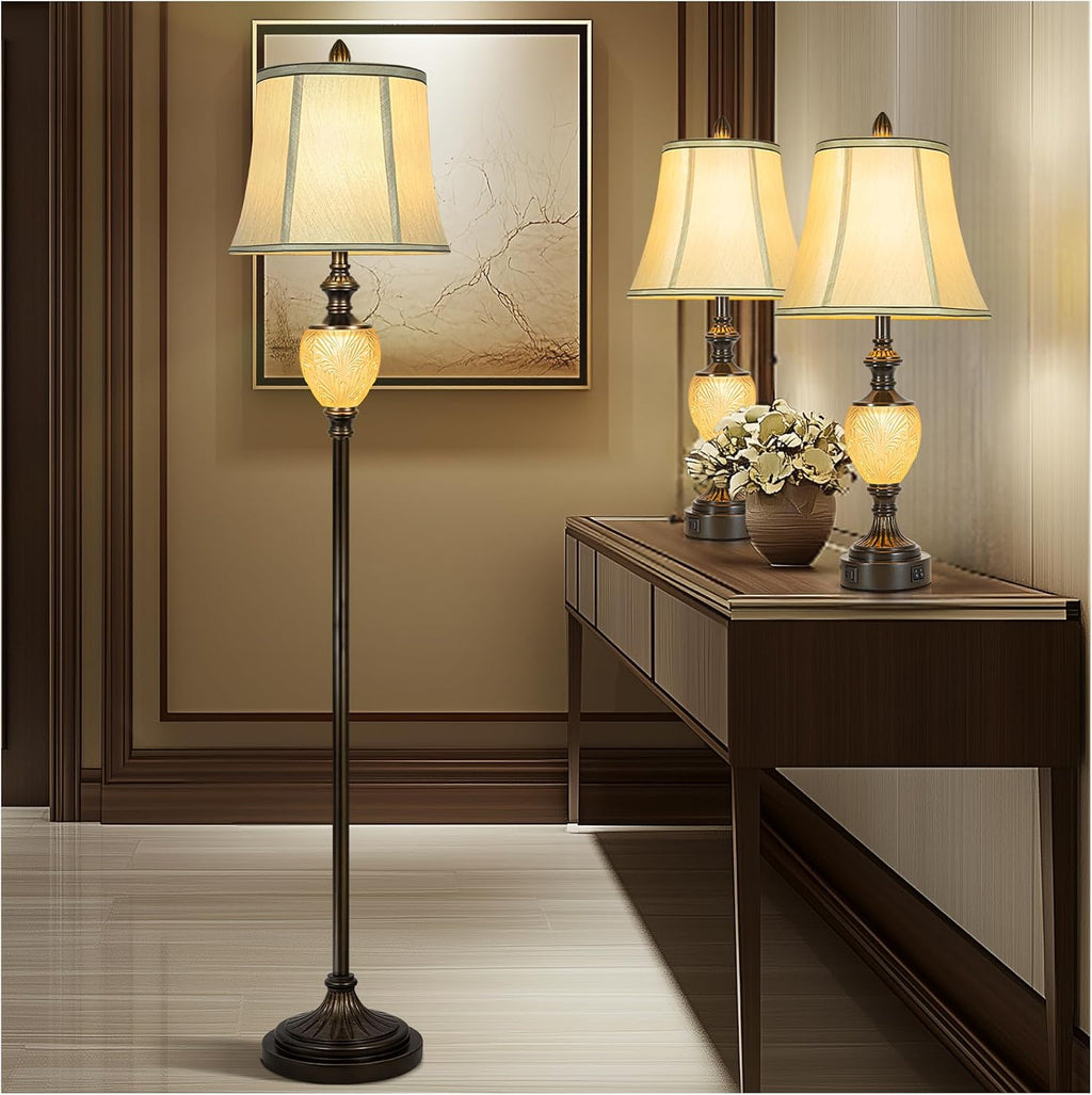 Vintage Farmhouse Lamp Set, 3-Piece Bundle, Includes 2 Table Lamps (27') and 1 Floor Lamp (64') with Faux Silk Shades, USB Charging Ports & Night Lights, for Living Room, Bedroom (Bulbs Included)
