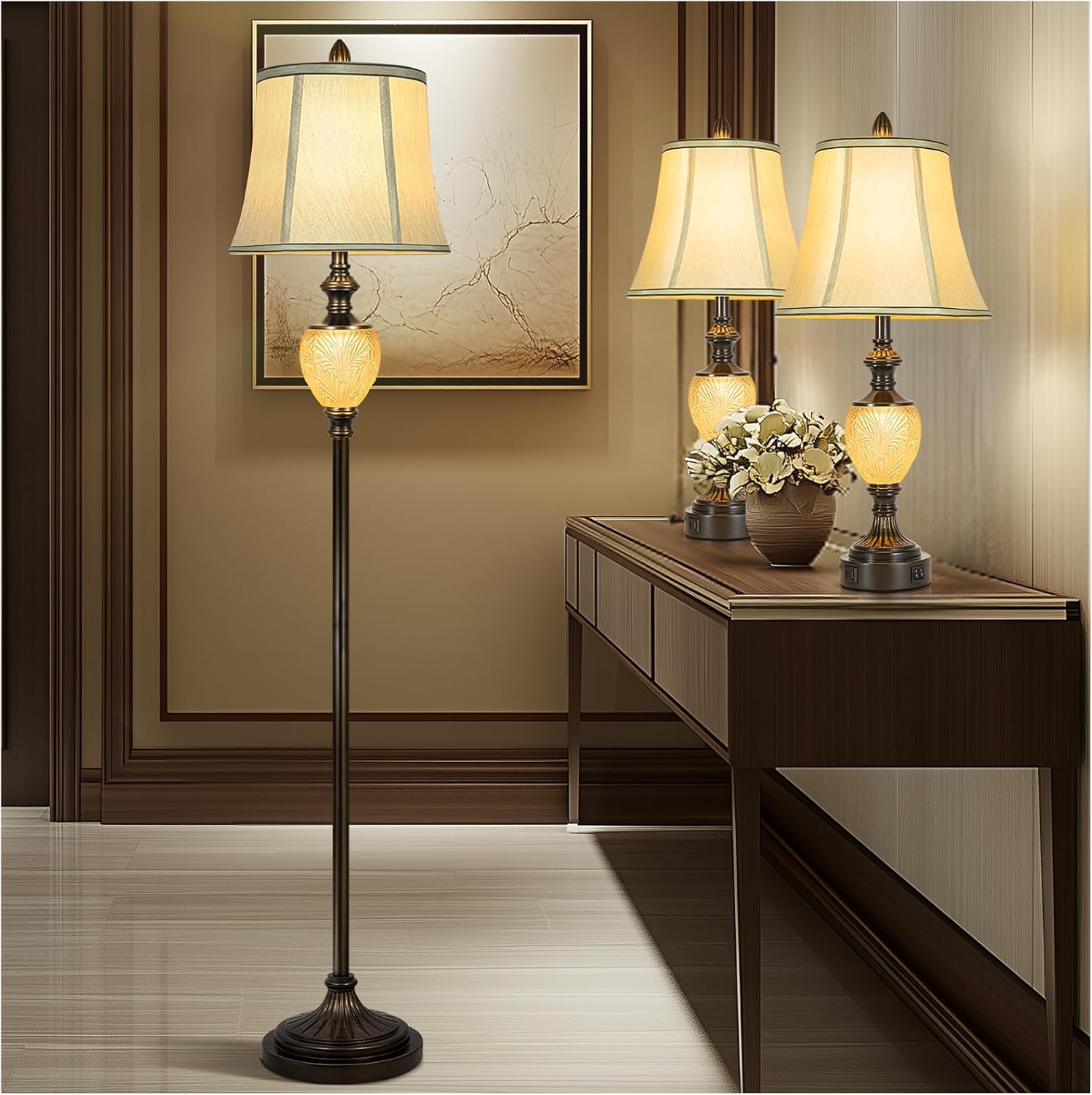 Vintage Farmhouse Lamp Set, 3-Piece Bundle, Includes 2 Table Lamps (27') and 1 Floor Lamp (64') with Faux Silk Shades, USB Charging Ports & Night Lights, for Living Room, Bedroom (Bulbs Included)