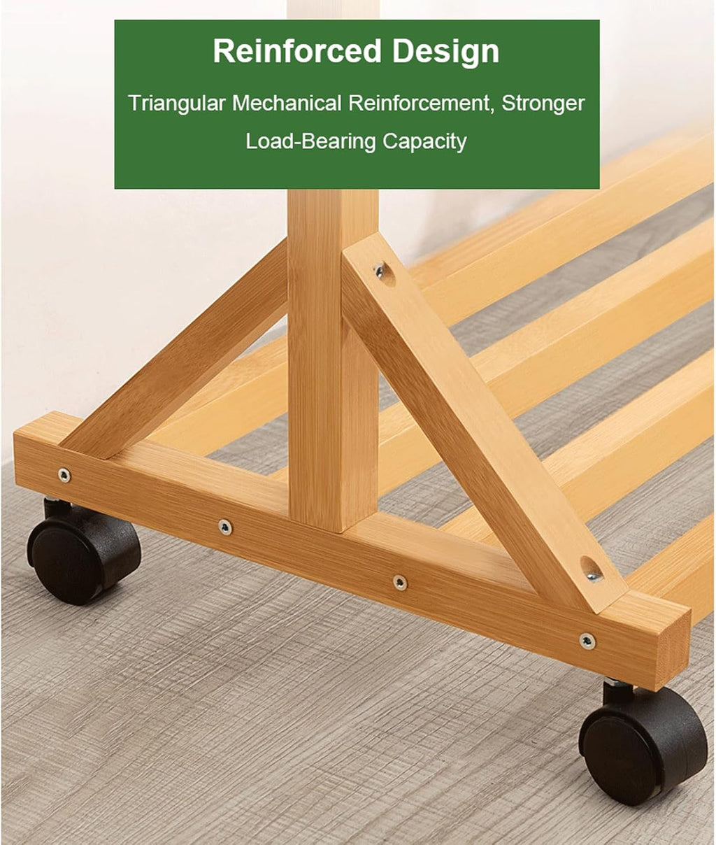 Bamboo Clothing Garment Rack on Wheels Rolling Clothes Organizer w/6 Hooks Multifunctional Bedroom Hanging Rack for Hanging Clothes Hats Pants