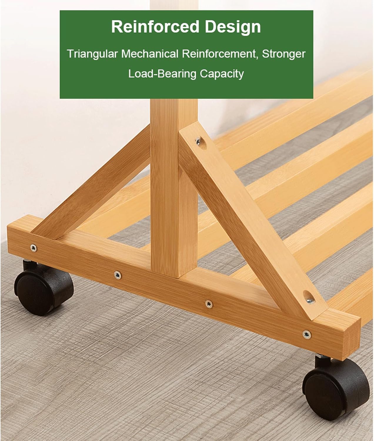 Bamboo Clothing Garment Rack on Wheels Rolling Clothes Organizer w/6 Hooks Multifunctional Bedroom Hanging Rack for Hanging Clothes Hats Pants