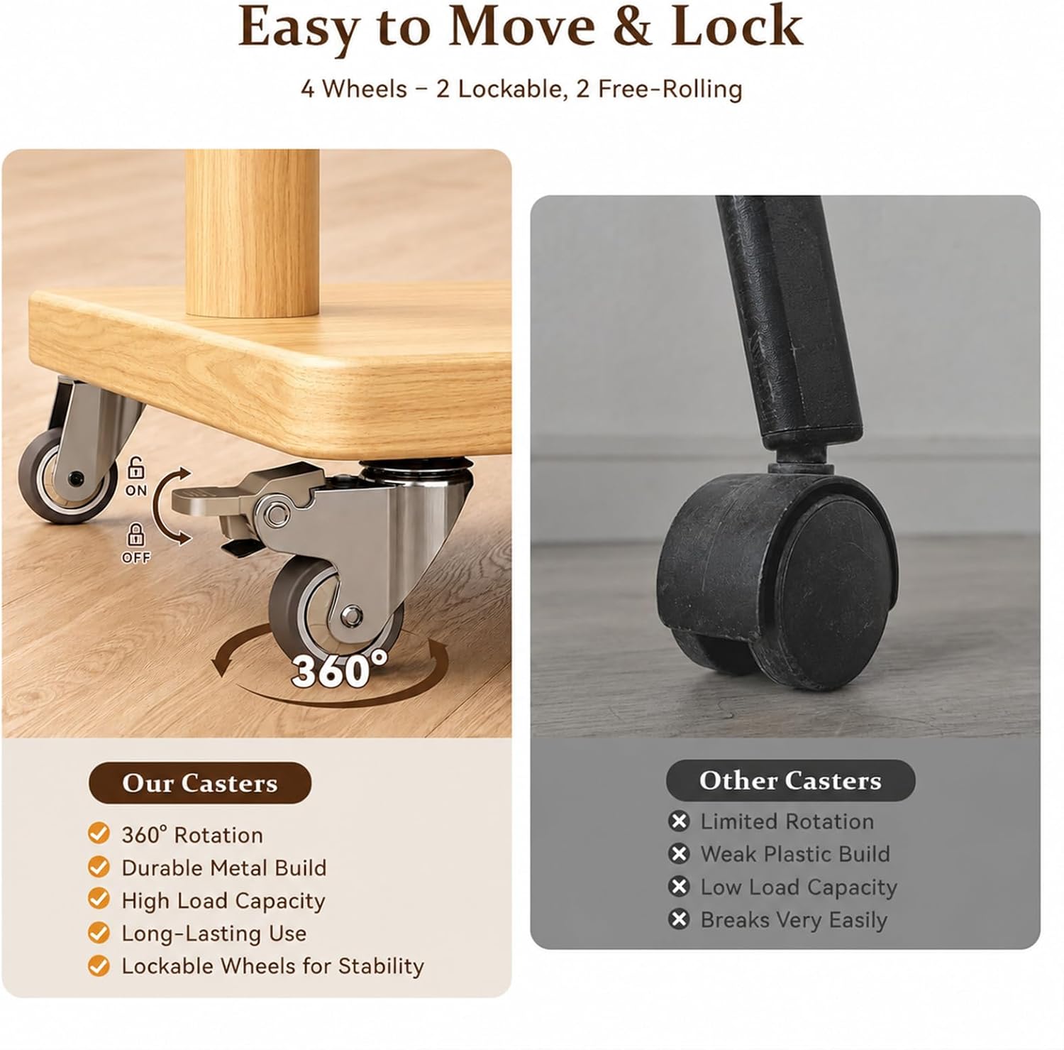 Taitiy Coat Rack Freestanding Clothing Rack with Wheels & 2 Shelves Storage & 5 Hooks Heavy Duty Clothes Rack Wood Coat Tree Stand Hat Hanger Rack for Corner Bedroom Entryway Living Room Hotel Size L