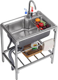 Utility Sink Free Standing Commercial Kitchen Stainless Steel Sink 1 Compartment Workbench Sink with Hot Cold Water Pipes Tap Anti-Overflow for Outdoor Garage Utility Room Laundry