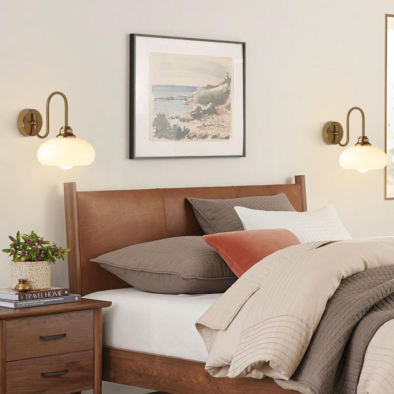 KCO Lighting Brushed Gold Wall Sconces Set of Two Milk Glass Wall Sconce Mid Century Modern Wall Sconce Frosted Globe Vanity Light Bathroom Sconces Wall Lighting Set of 2