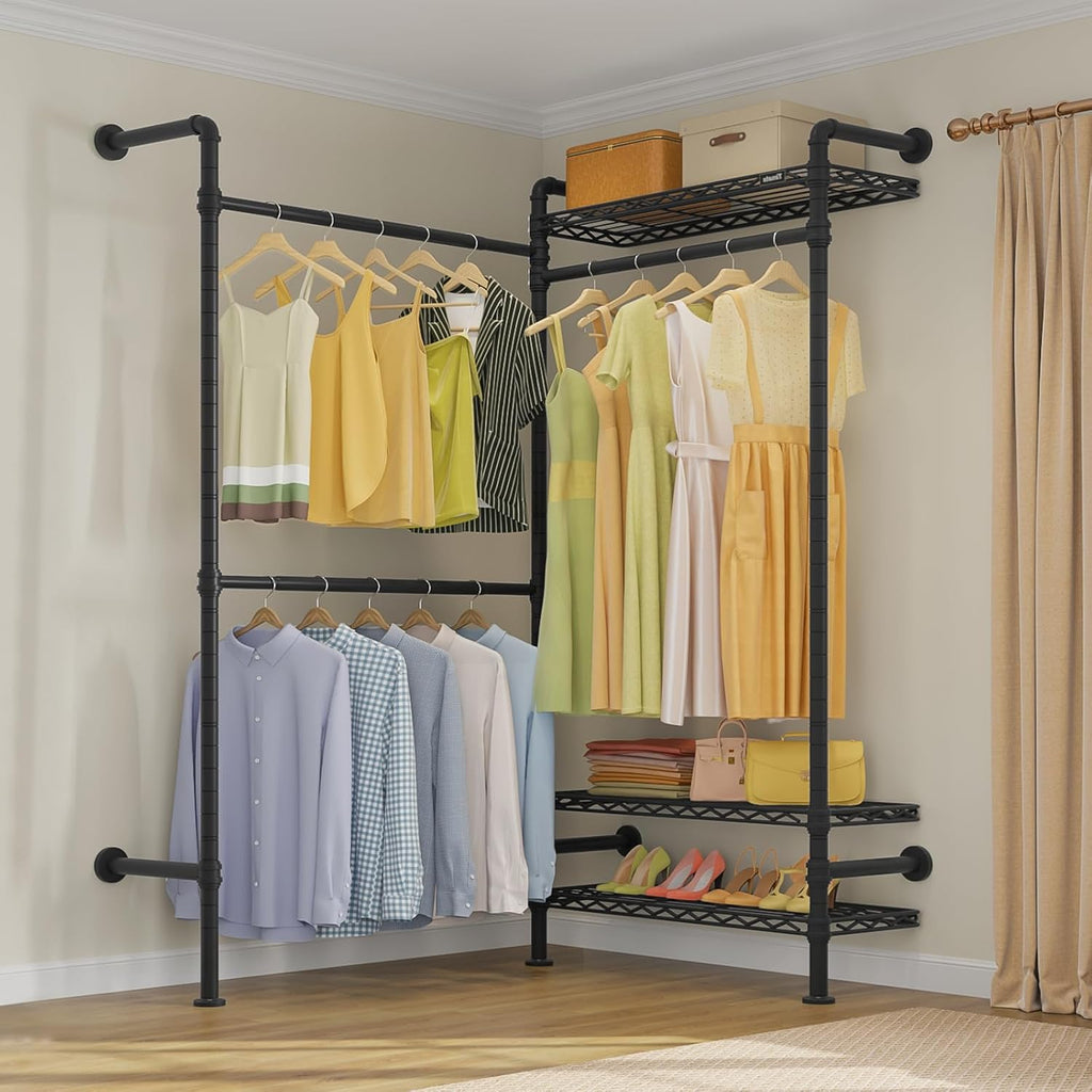 Timate L2 Wall Mounted Clothes Rack Industrial Pipe Clothing Rack for Hanging Clothes, Adjustable Expandable Garment Rack Heavy Duty Closet Organizer, Black Mounted Storage Industrial Closet System