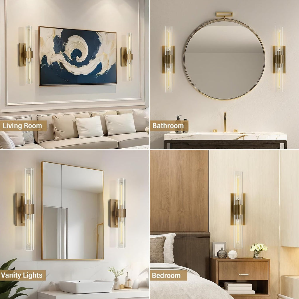 Wall Sconces Set of 2, Gold Wall Lighting Fixtures with Clear Glass, Mounted Lamps for Bedroom, Bathroom, Living Room, Hallway