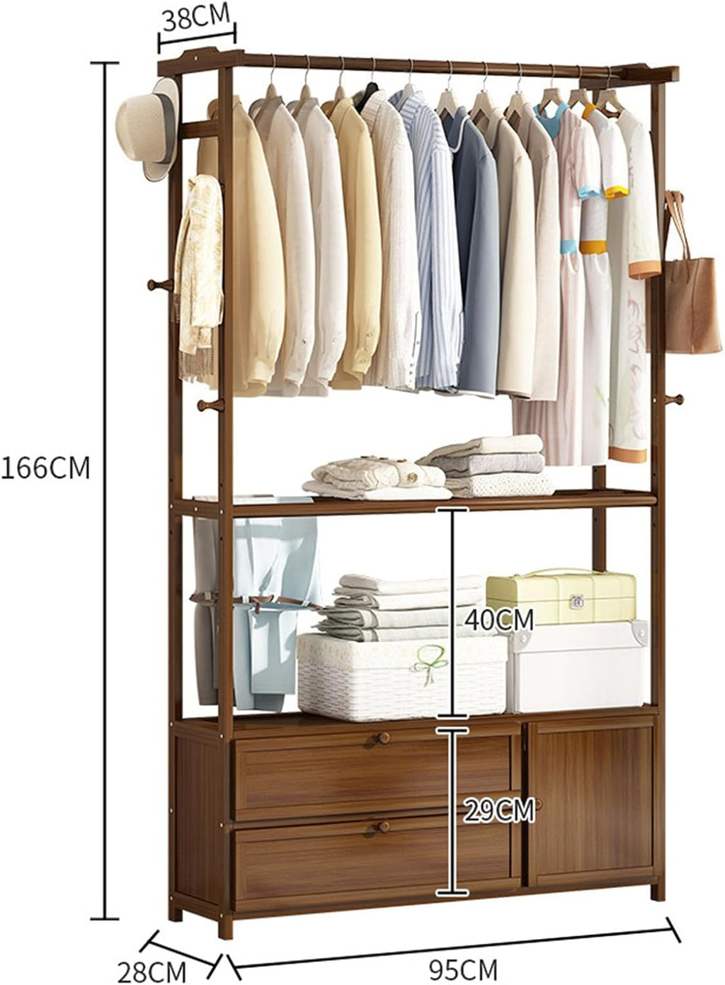 Bamboo Garment Rack, Clothes Hanging Rack with Side Hooks and 3 spacious drawers Portable Storage Organizer Garment Rack for Bedroom Living Room Office Mudroom
