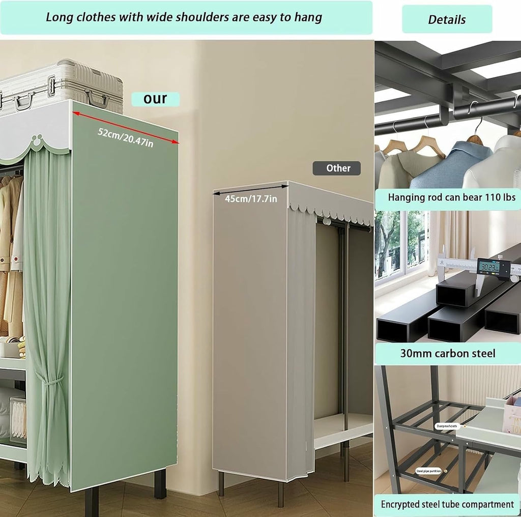 Metal Wardrobe Rack - Heavy Duty Foldable Wardrobe Closet with Cover 1200lbs Garment Rack for Hanging Clothes Covered Clothing Coat Storage Organizer