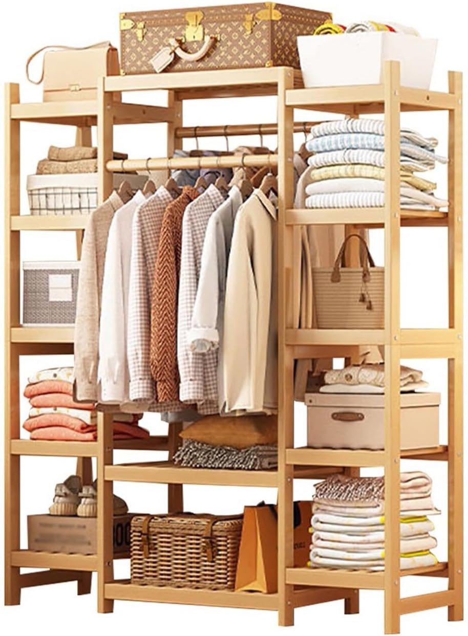 Extra Large Bamboo Clothes Rail with 2 Hanging Rods and 11 Storage Shelves Portable Garment Rack for Bedroom Hallway Entryway Height: 160CM Available in Wood Color (110/120/130/140/160CM)