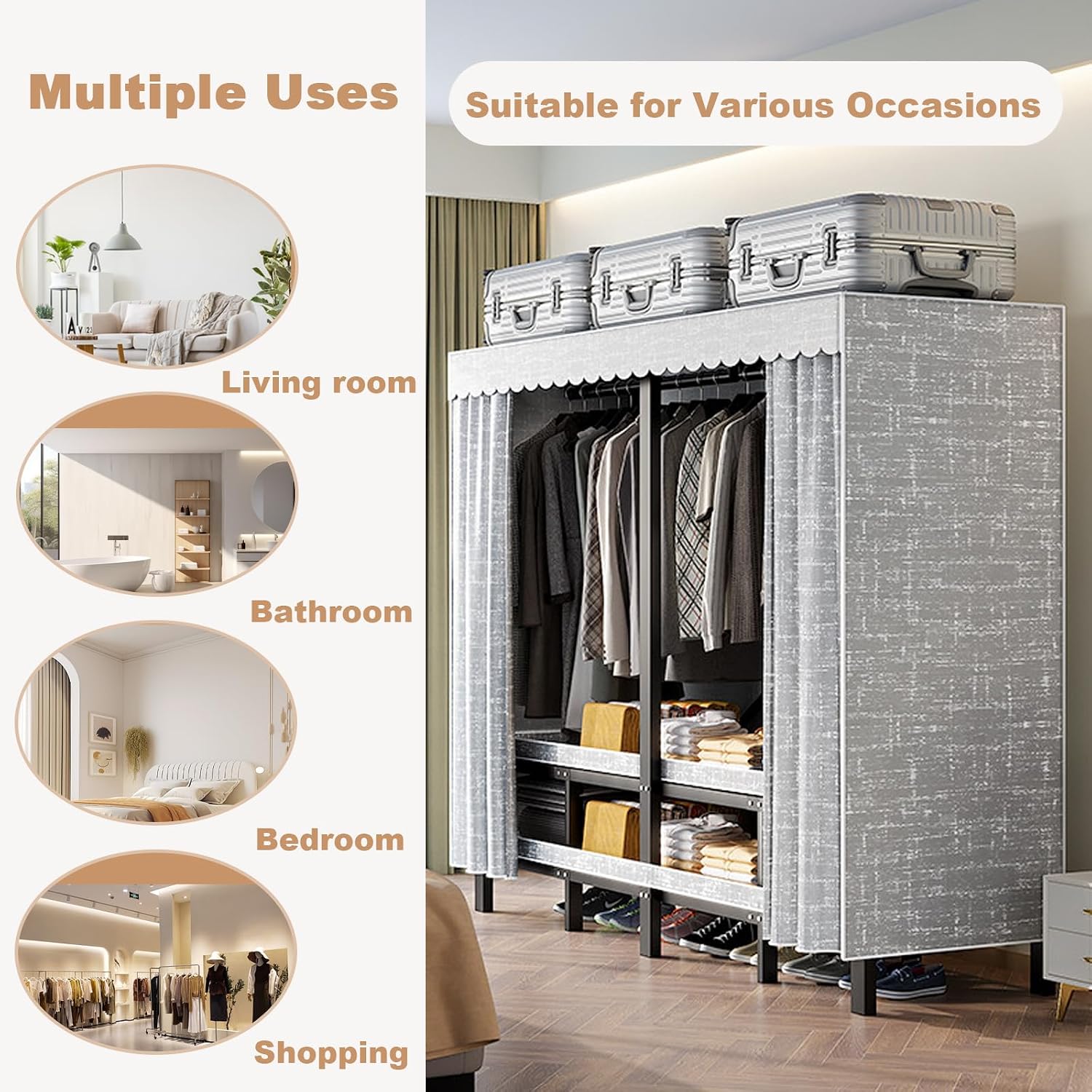 Portable Wardrobe Closet, Collapsible Clothes Rack, Freestanding Garment Rack with Cover, Large Rolling Garment Rack for Hanging Clothes, Coat Storage Organizer (Grey, 49.2in/125cm)