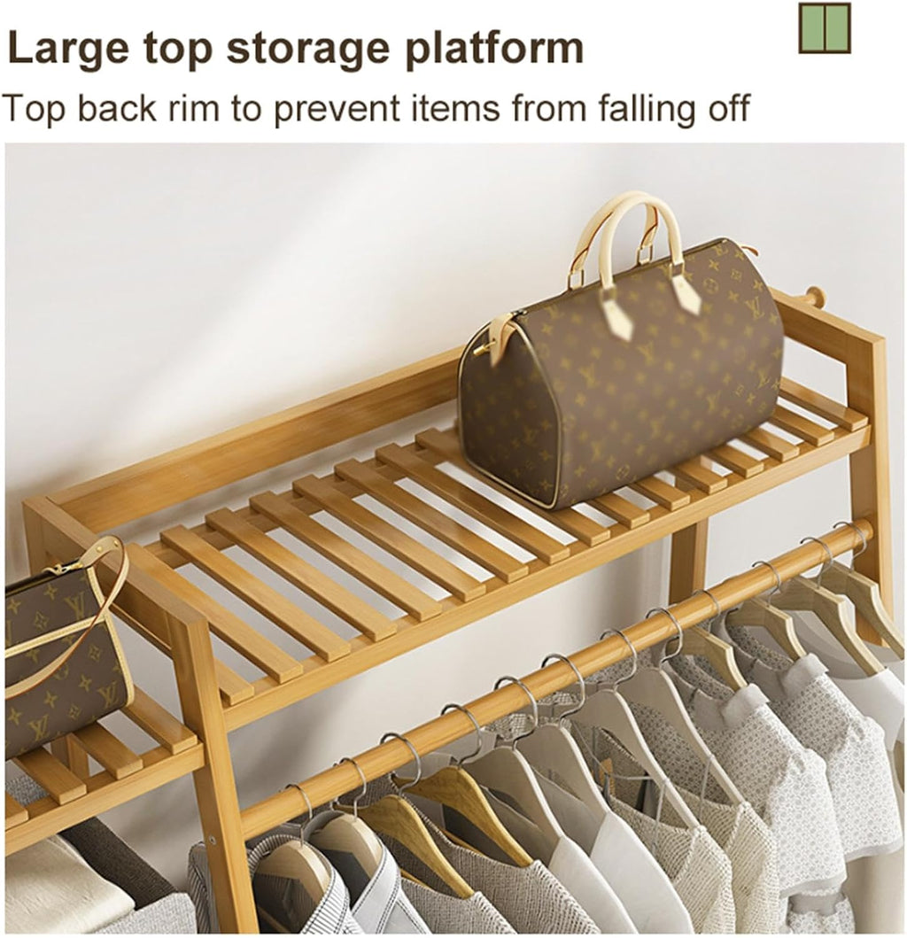 Freestanding Clothing Racks for Hanging Clothes,Bamboo Garment Rack 5 Tier Storage Shelf with Top Shelf, Closet Organizer Shoe Storage Shelves for Bedroom,A-110cm