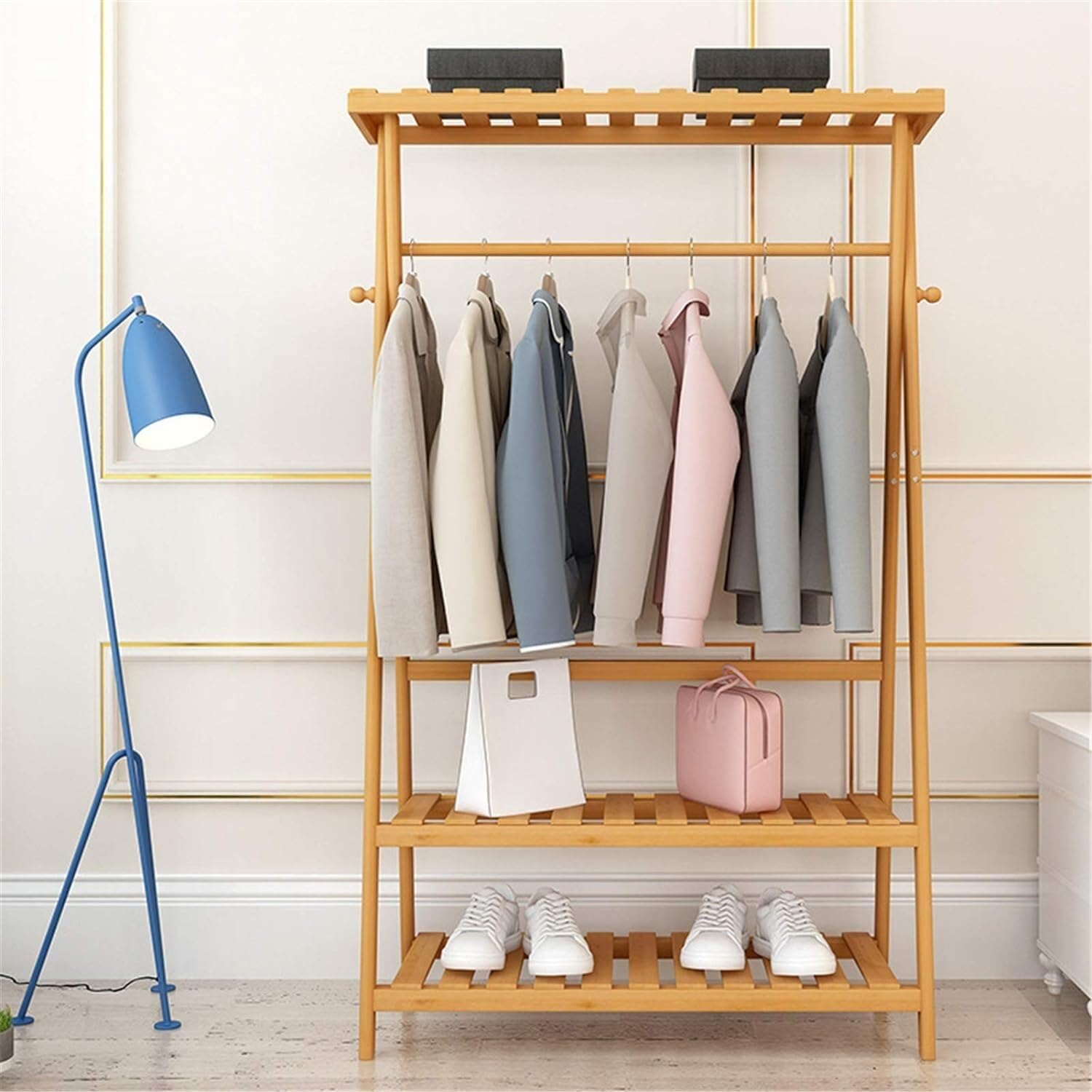 3 in 1 Bamboo Coat Rack Garment Rack,Stand Clothes Hanging with Shelves Storage Organiser Shoe Storage Shelves Garment Rack (Color : Wood color, Size : 80 * 43 * 160cm)