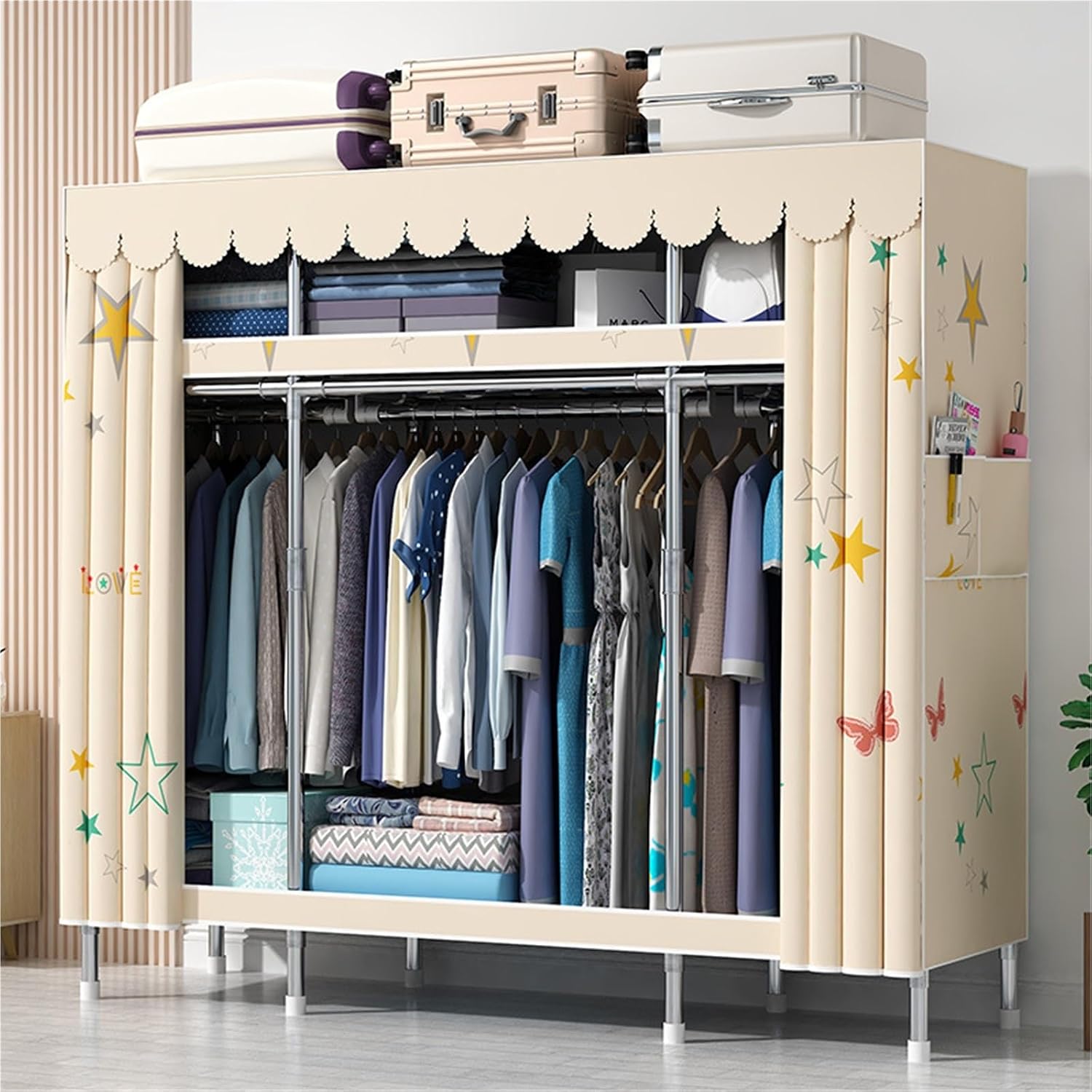 Portable Closets,Covered Clothing Racks For Hanging Clothes, Freestanding Portable Closet,Wardrobe Closet Heavy Duty Garment Rack,Extra Large Clothes Rack With Cover(Beige,145cm)