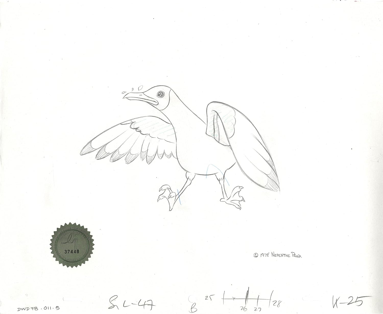 Watership Down 1978 Production Animation Cel Drawing of Kehaar with Linda Jones Seal and Certificate of Authenticity 011-005