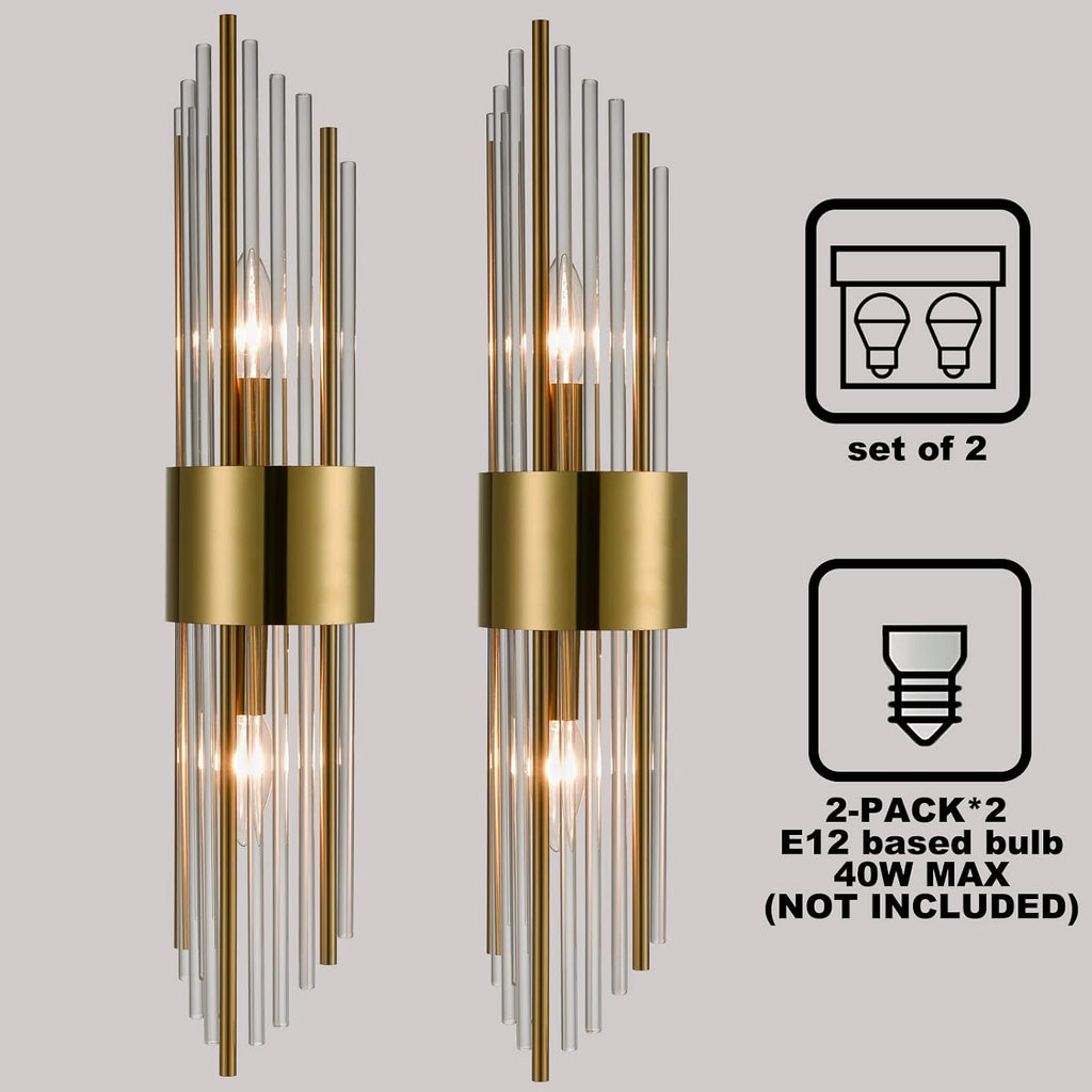 2-Light Modern Brushed Titanium Gold Wall Sconce with Clear Glass Crystal Luxury Wall Light Fixtures for Bedroom Living Room Bathroom Vanity Mirror Light Fixtures Set of 2