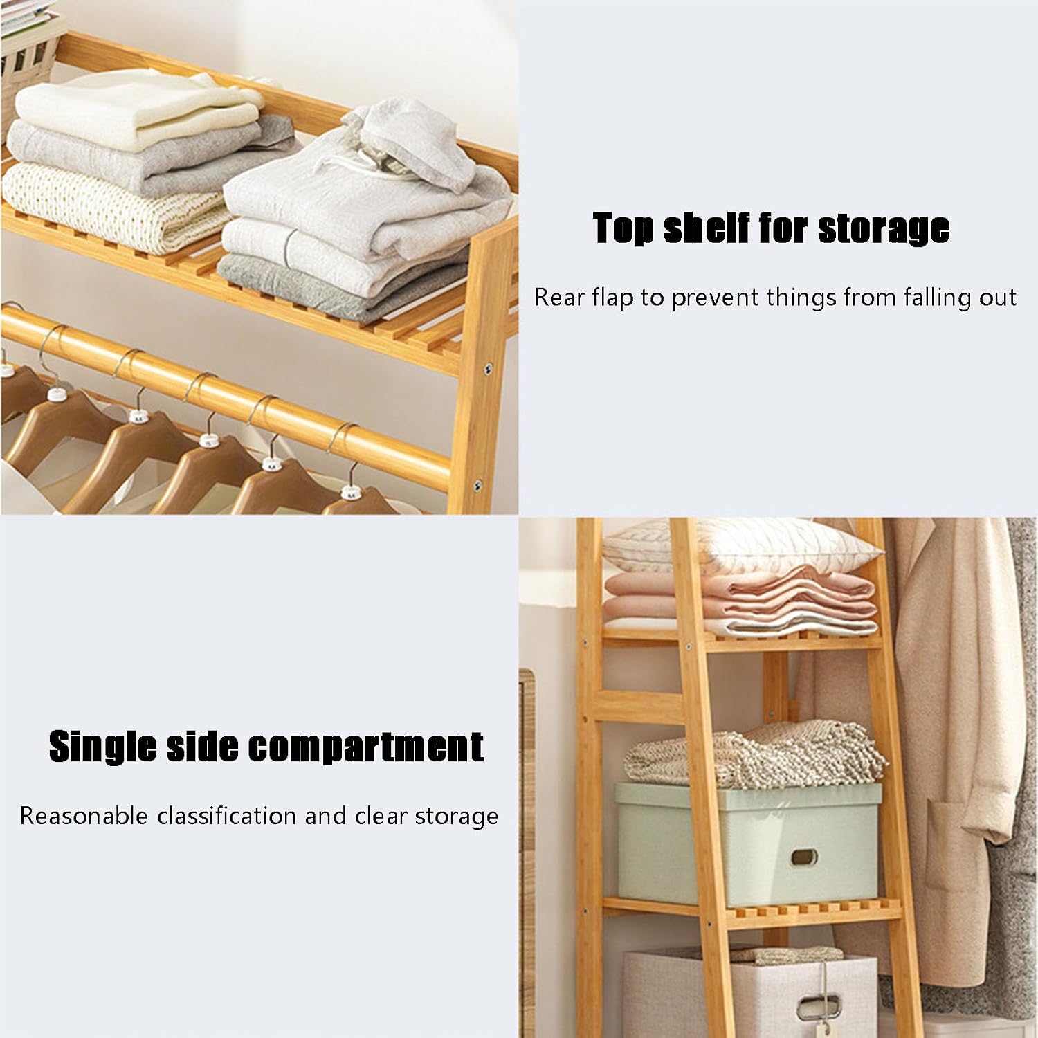Bamboo Clothing Garment Rack, 4 Tier Storage Shelf Coat Clothes Hanging Rack Portable Wardrobe Closet Organizer with Top Shelf Shoe Storage Shelves for Hallway Entryway Coat Hanger Stand