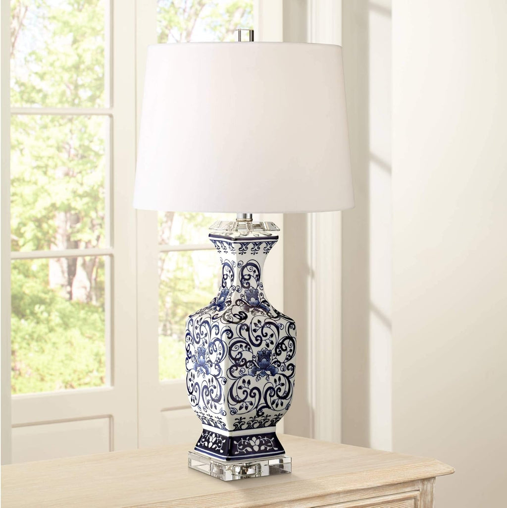 Barnes and Ivy Iris Asian Chinese Jar Style Table Lamps 28' Tall Set of 2 Blue Porcelain Crystal Geneva White Fabric Drum Shade Decor for Living Room Bedroom House Bedside Nightstand Home