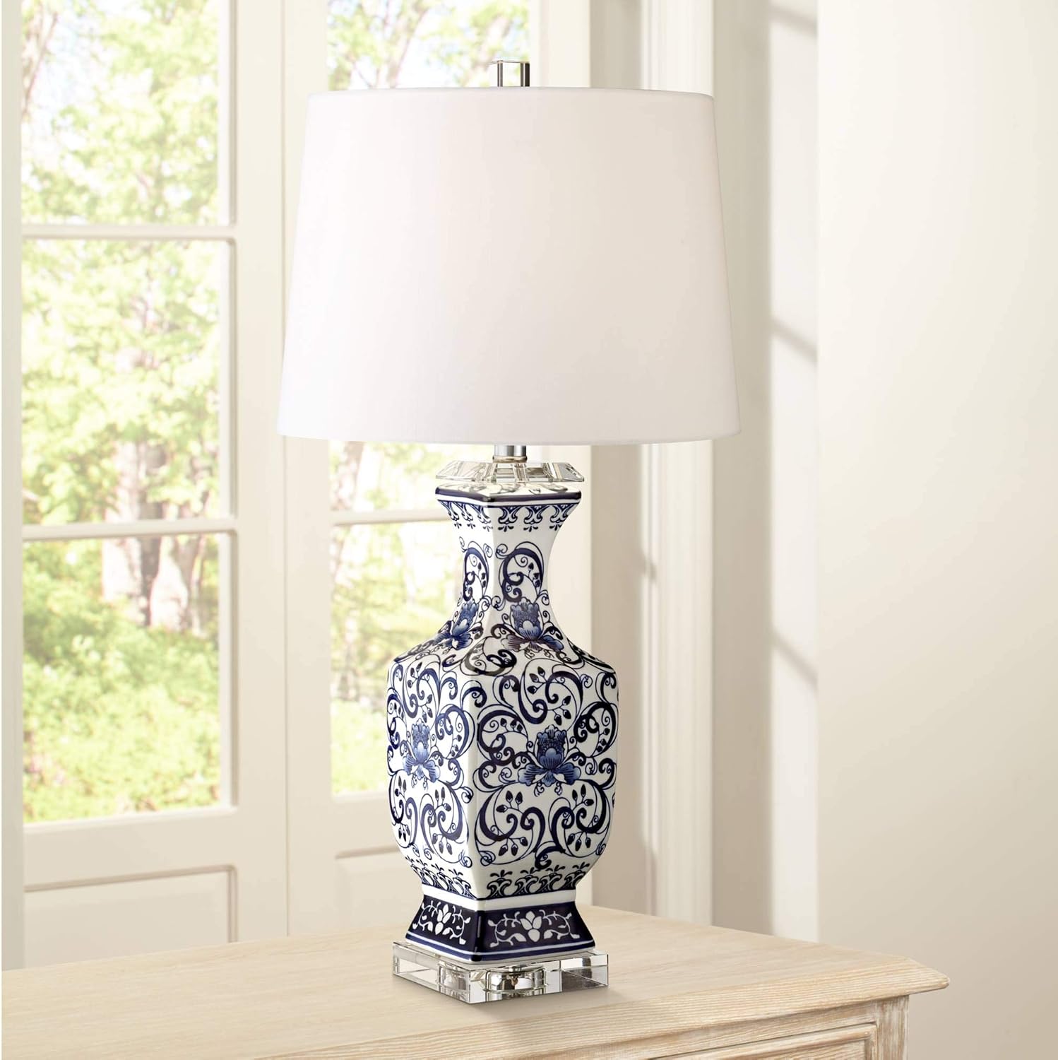 Barnes and Ivy Iris Asian Chinese Jar Style Table Lamps 28' Tall Set of 2 Blue Porcelain Crystal Geneva White Fabric Drum Shade Decor for Living Room Bedroom House Bedside Nightstand Home