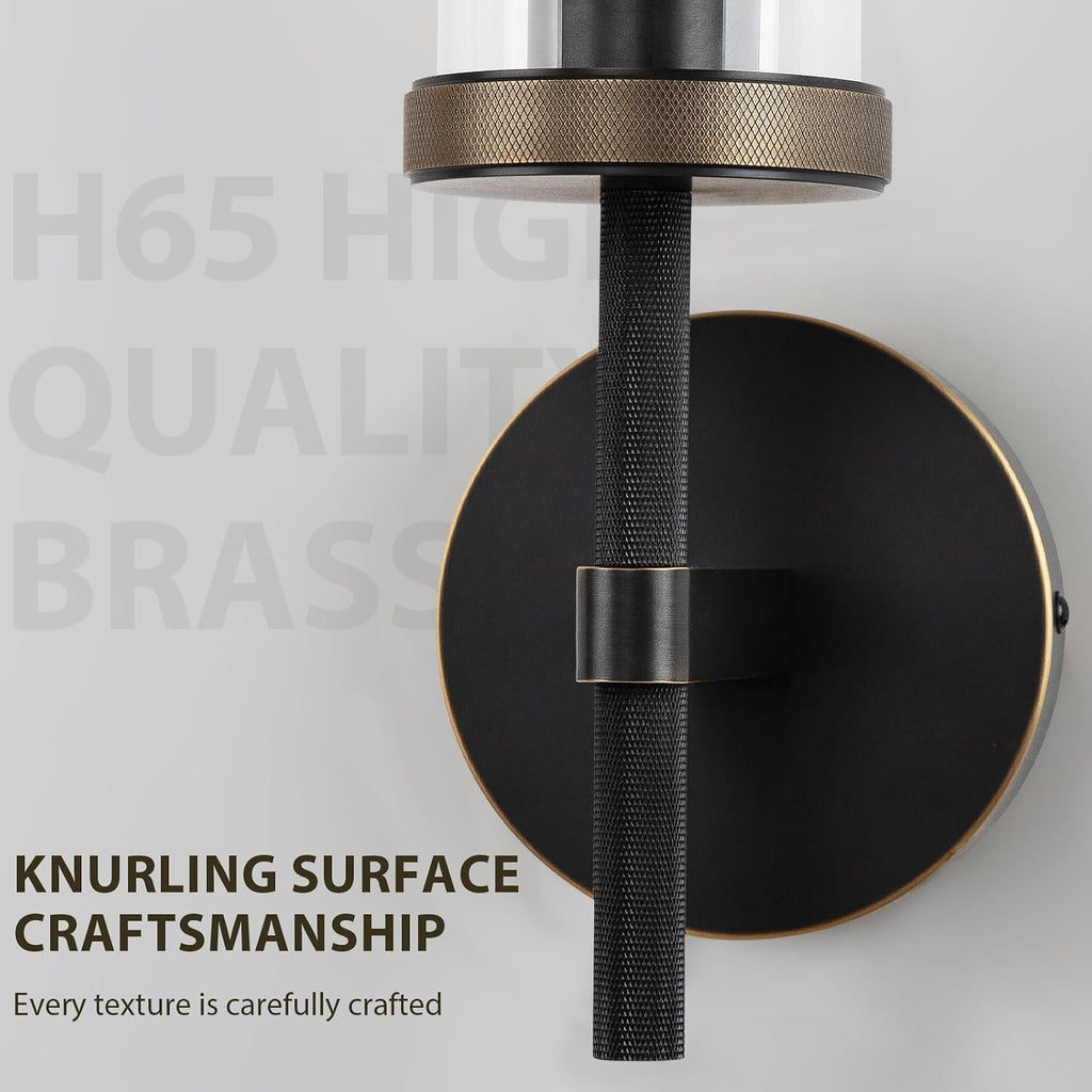 15' Knurled Brass Wall Sconces Set of 2, Black Gold Bathroom Vanity Light Fixtures with Clear Glass Tube, Modern Lamp Lighting for Bedroom, Living Room, Hallway, Staircase, Mirror, Kitchen
