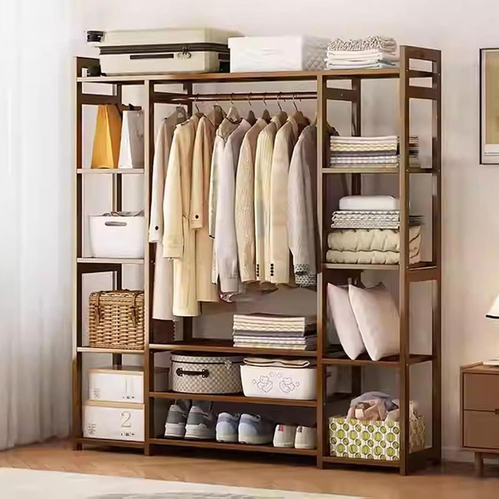 Garment Rack with 13-Tier Storage Shelves Back and Tidy Rail,Bamboo Clothes Rail, Open Wardrobe Closet, Clothing Standing Rack for Bedroom Hallway Entryway,130x30x150